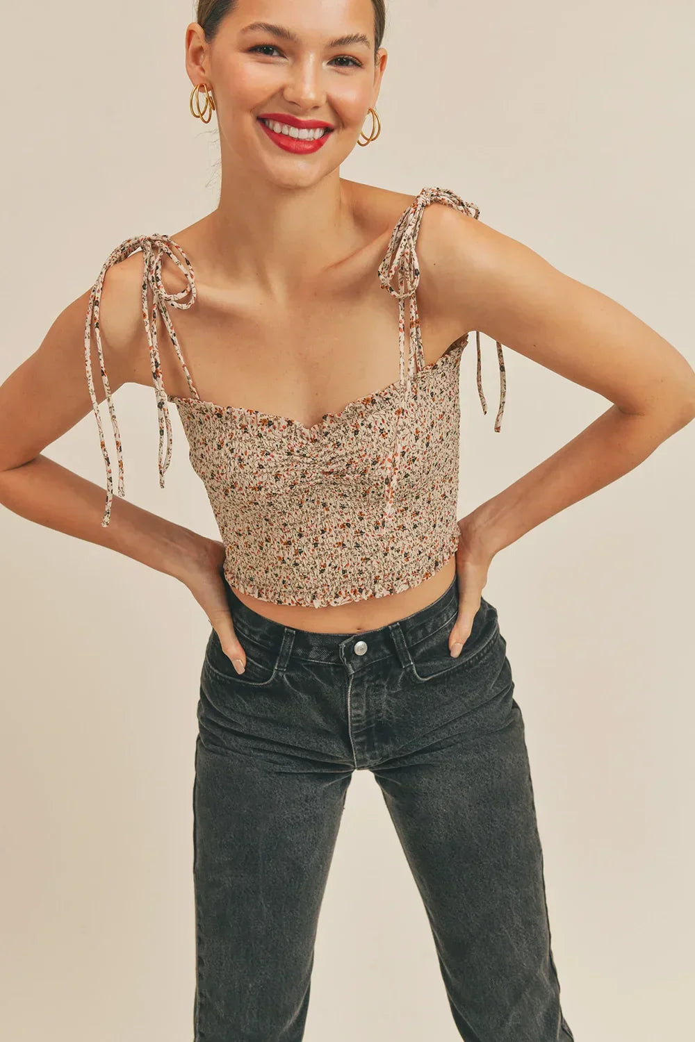 Floral Print Smocked Tie-Strap Crop Top