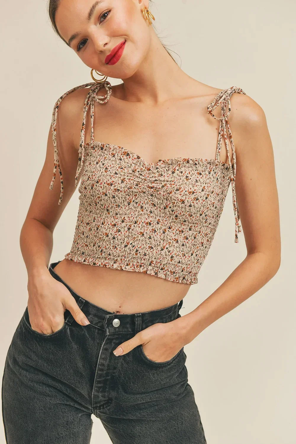 Floral Print Smocked Tie-Strap Crop Top