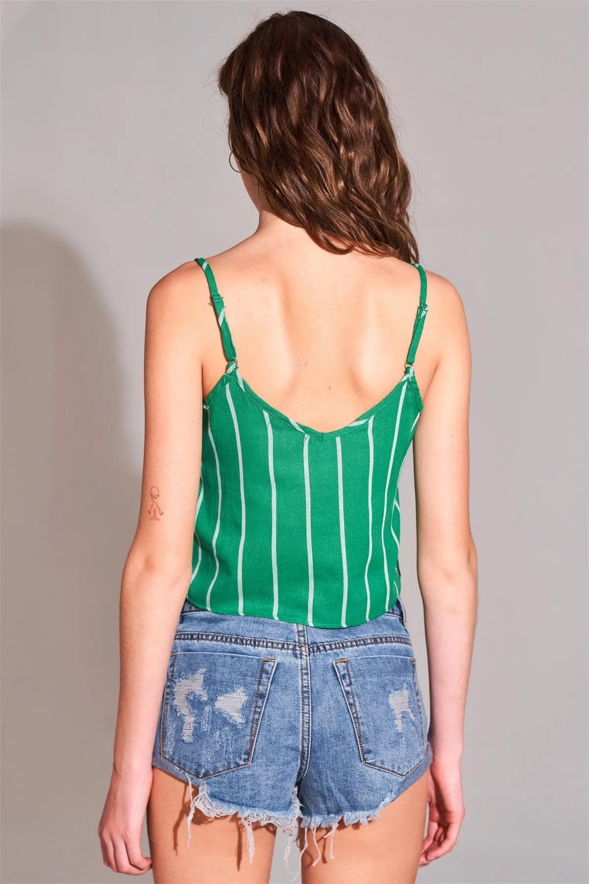 Green & White Striped V-Neck Sleeveless Crop Top with Button-Down Front