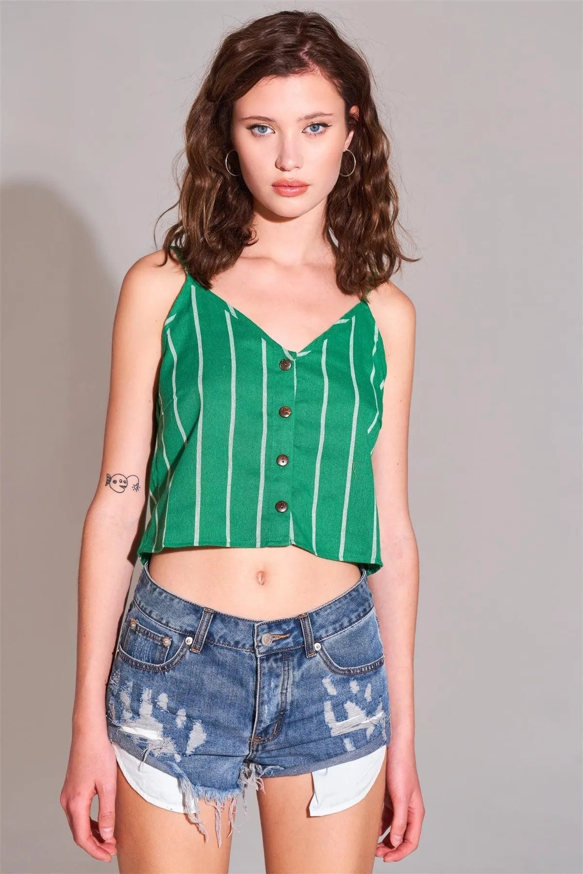 Green & White Striped V-Neck Sleeveless Crop Top with Button-Down Front