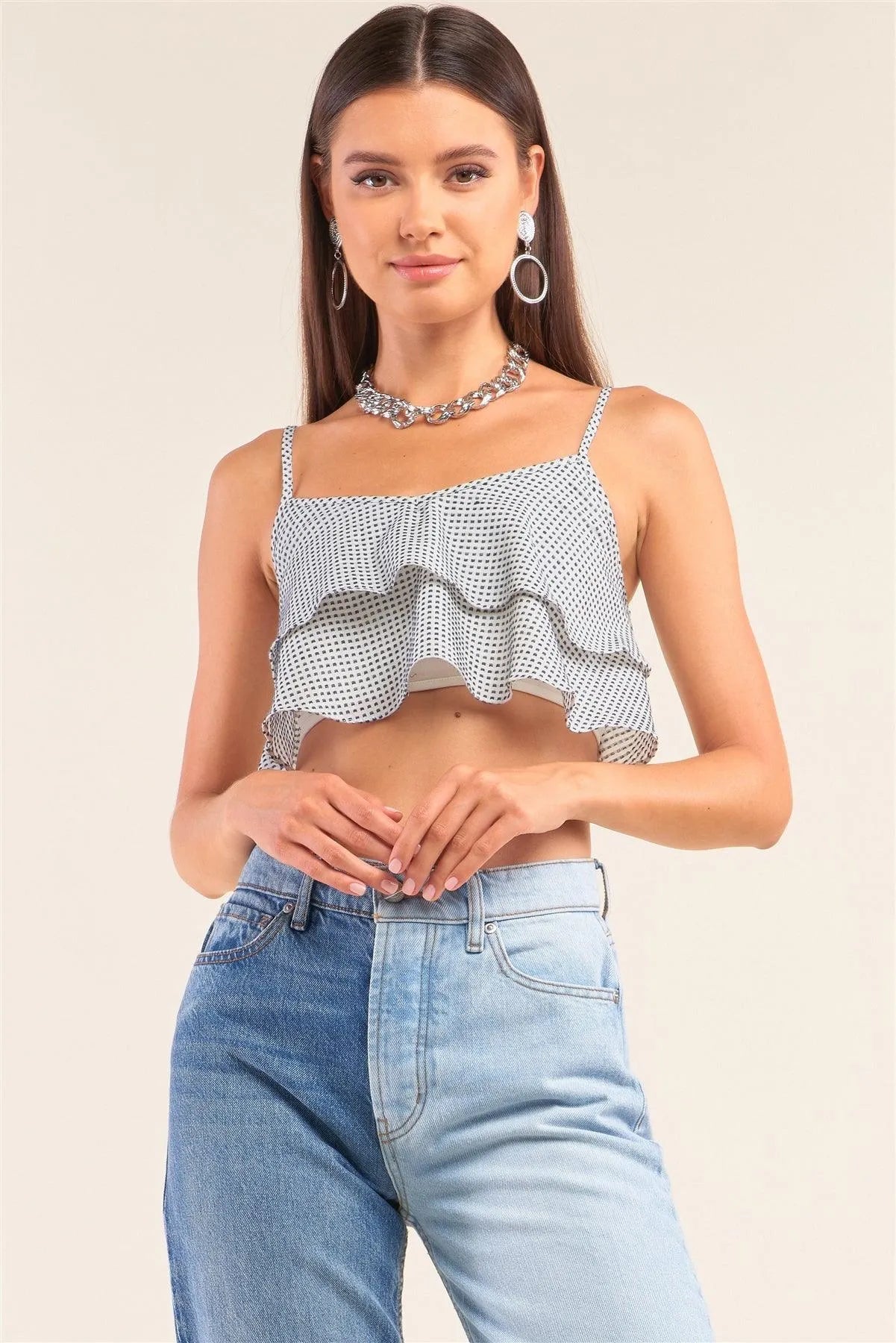 White & Navy Polka Dot V-Neck Layered Crop Cami with Smocked Back