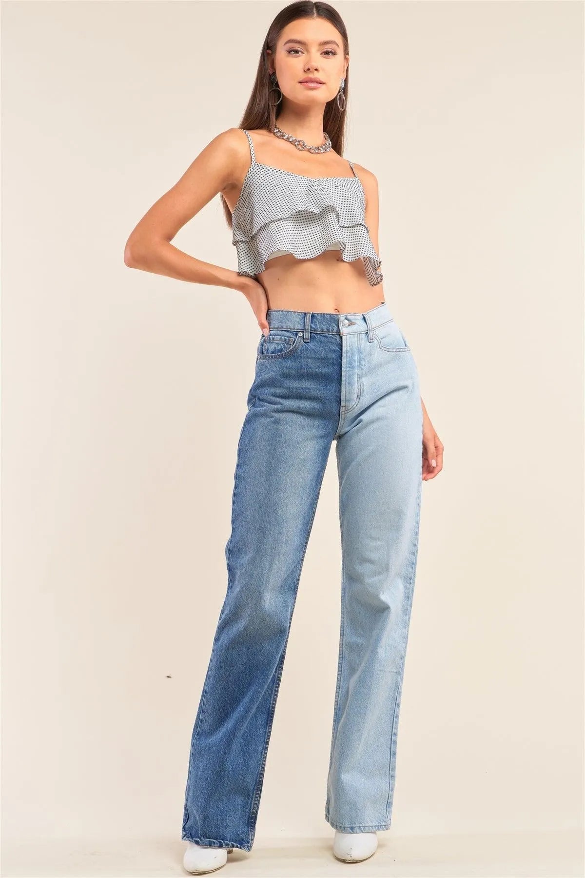 White & Navy Polka Dot V-Neck Layered Crop Cami with Smocked Back