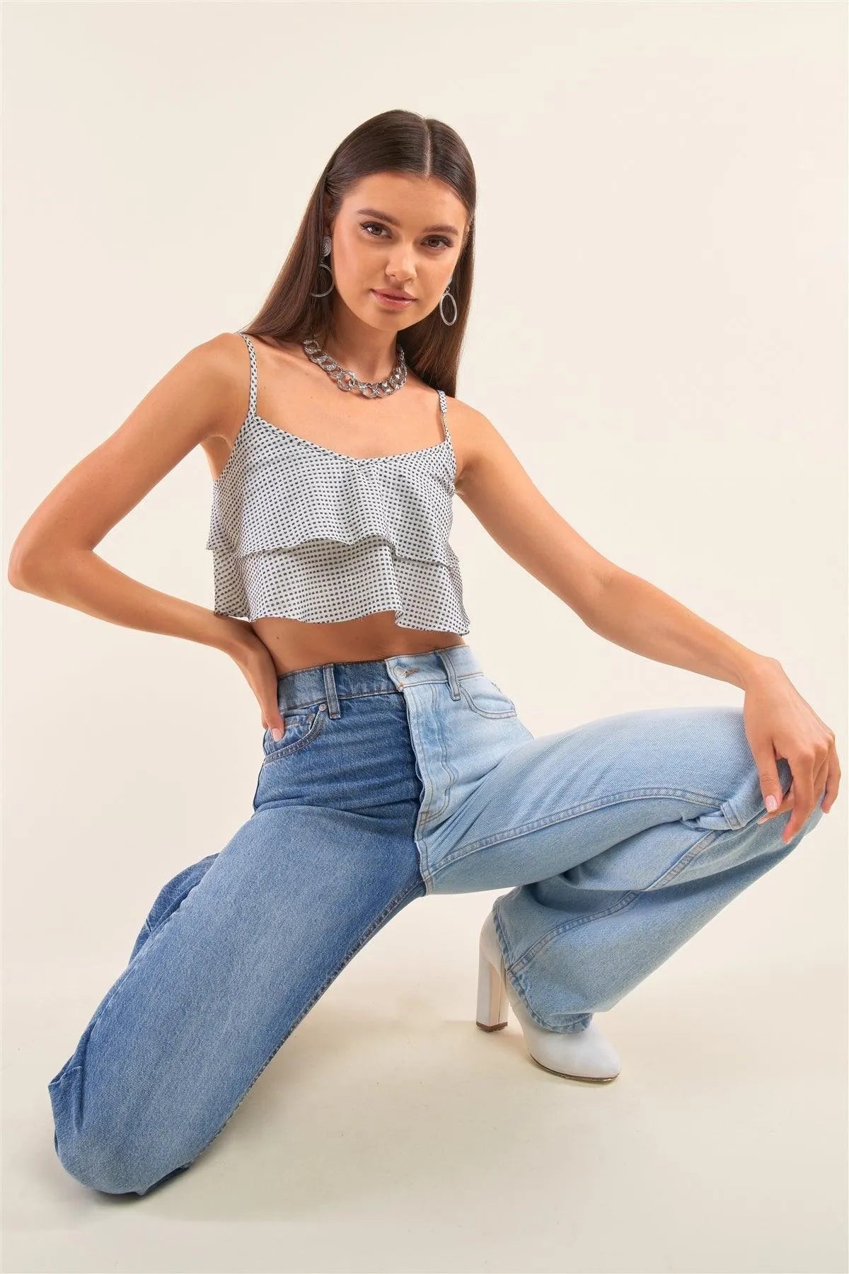 White & Navy Polka Dot V-Neck Layered Crop Cami with Smocked Back