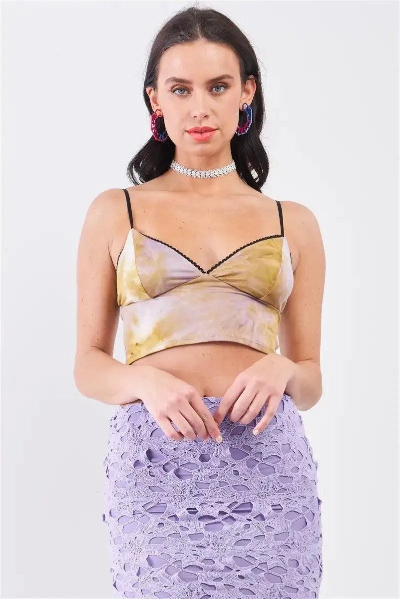 Mustard & Lilac Tie-Dye Crochet Hem V-Neck Crop Cami