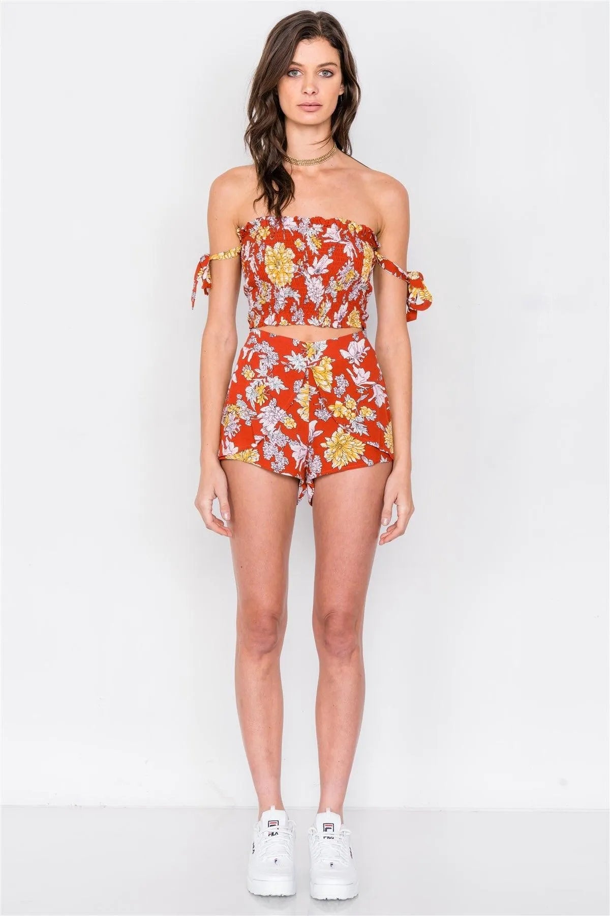 Floral Off-Shoulder Tie Crop Top & Skirt Set with Ruched Bodice and Frill Hem