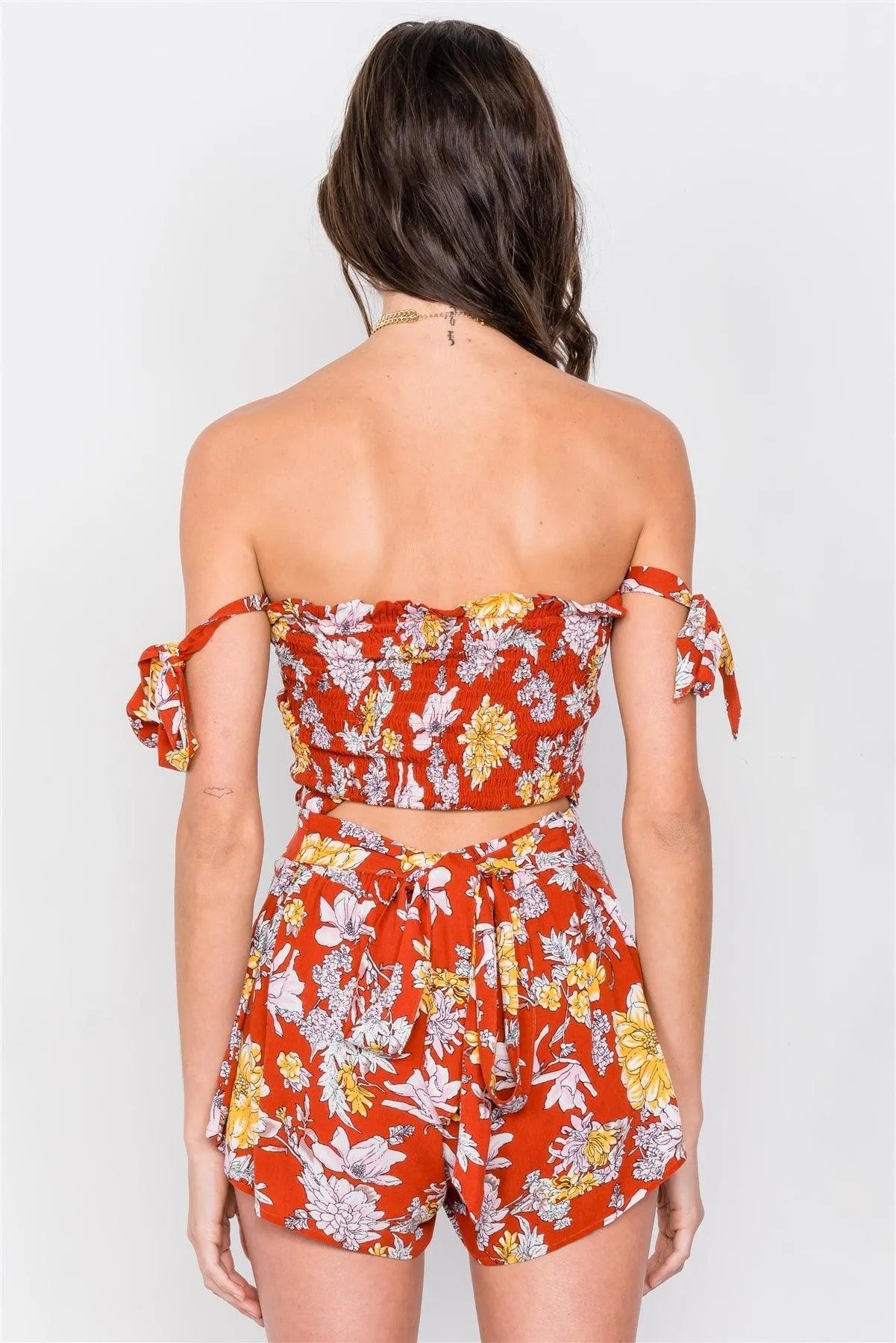 Floral Off-Shoulder Tie Crop Top & Skirt Set with Ruched Bodice and Frill Hem