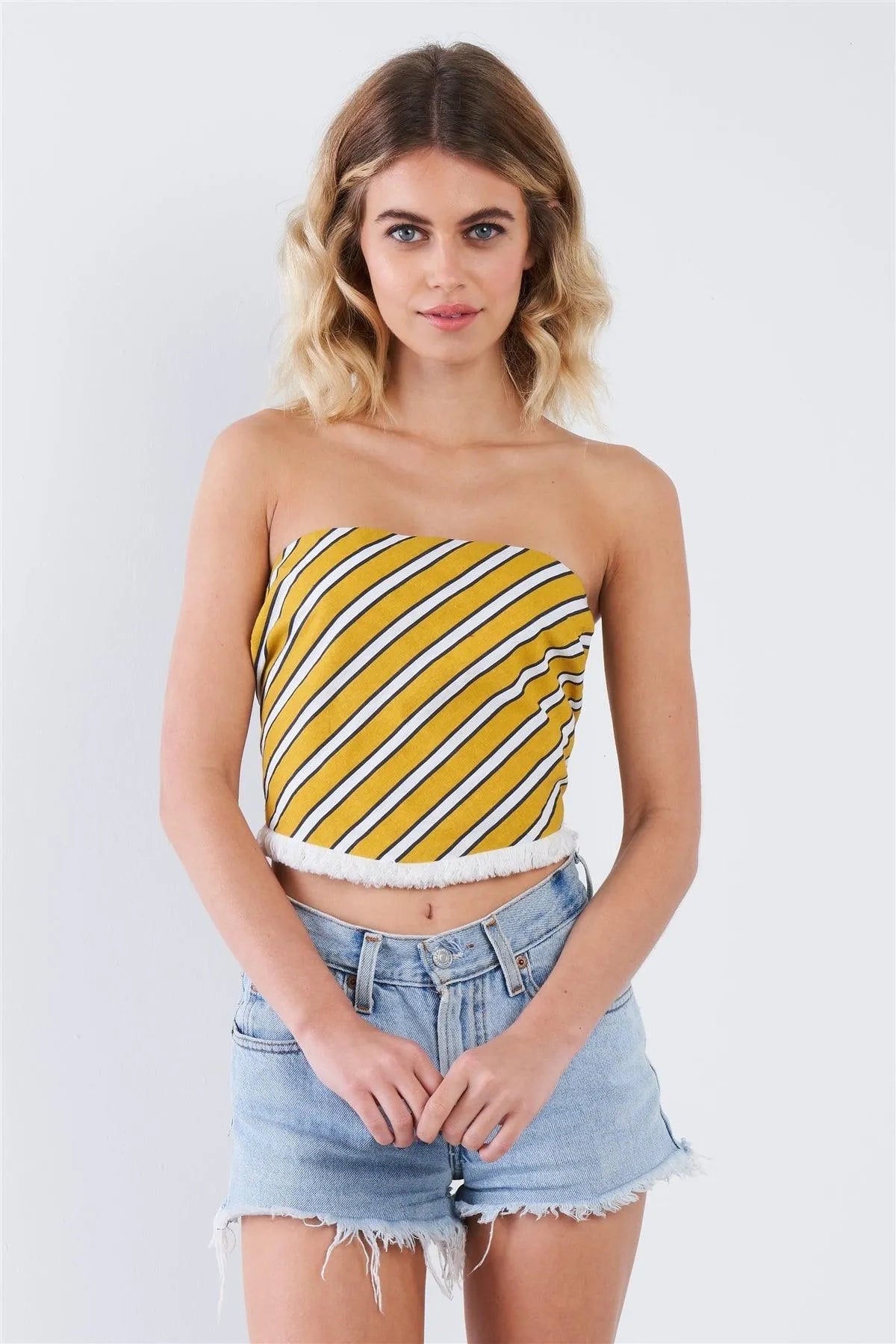 Mustard Yellow & Navy Stripe Knot-Back Crop Top