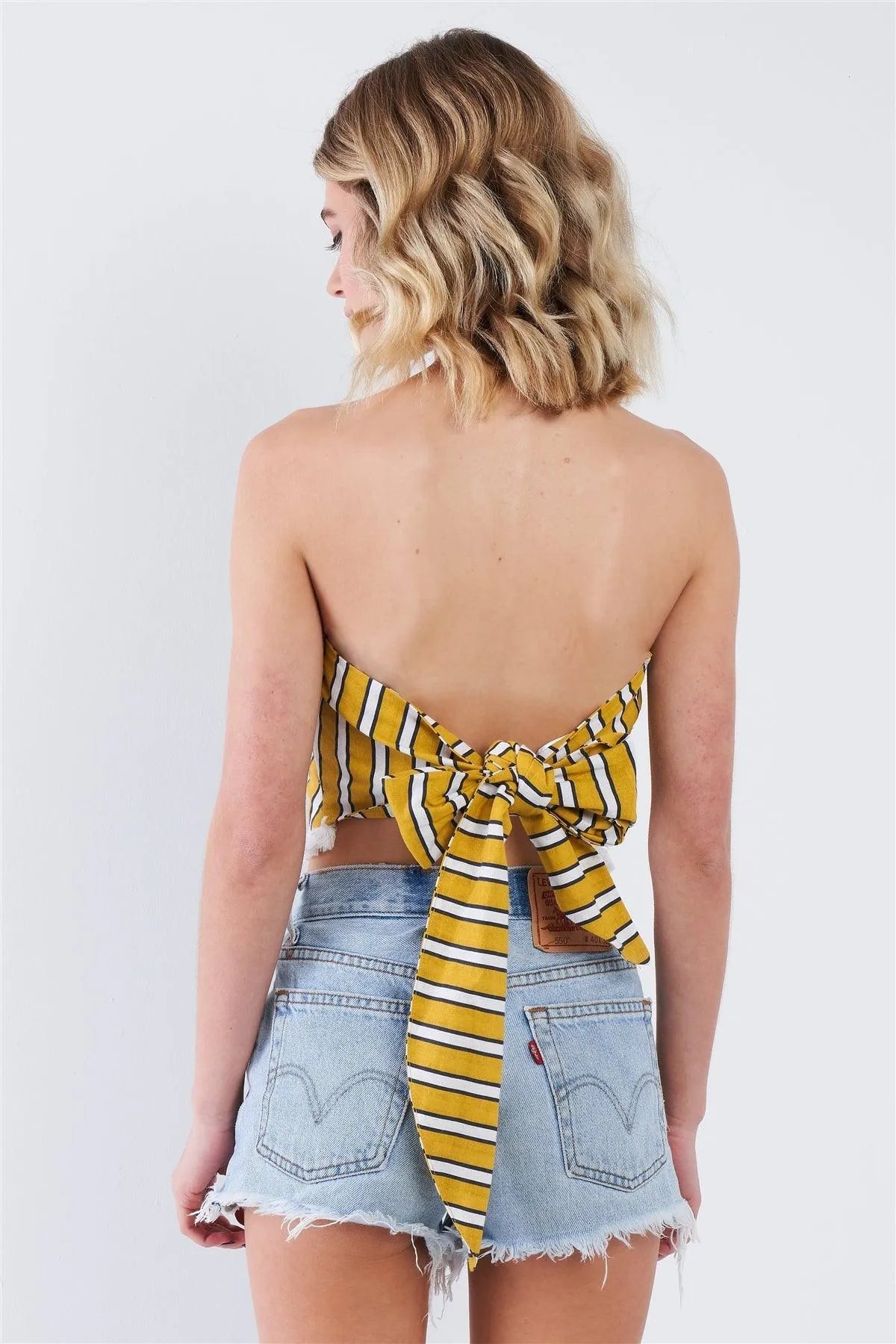Mustard Yellow & Navy Stripe Knot-Back Crop Top