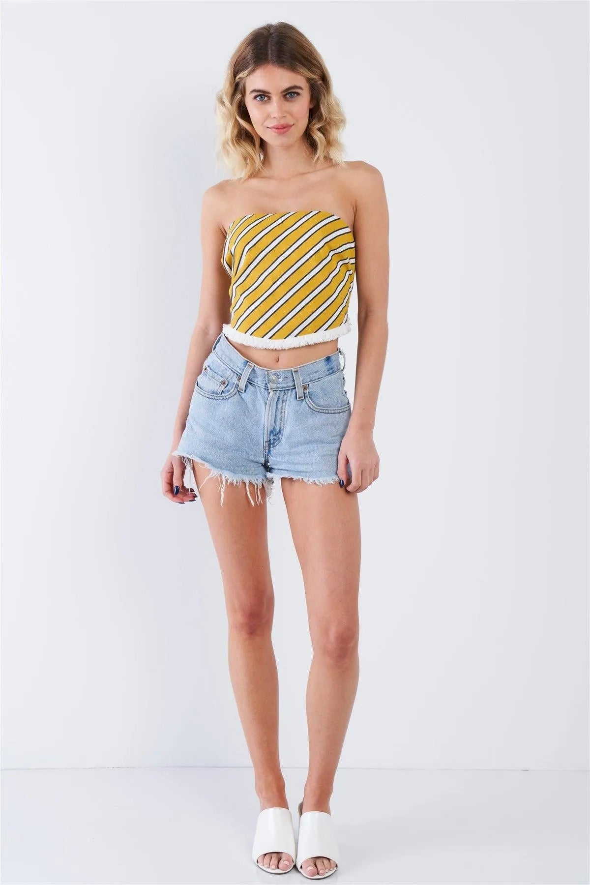 Mustard Yellow & Navy Stripe Knot-Back Crop Top