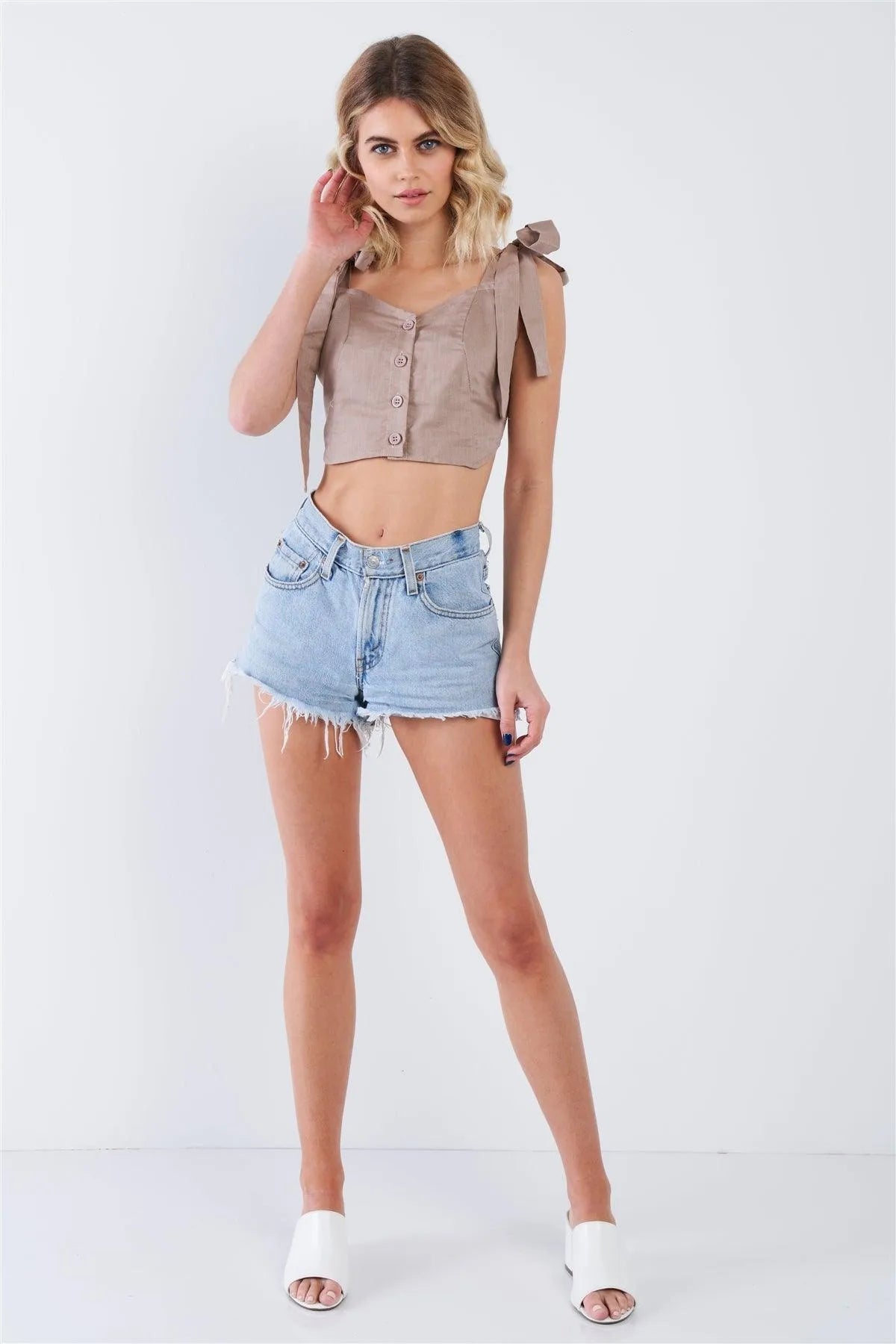 Taupe High-Low Tie Strap Crop Top