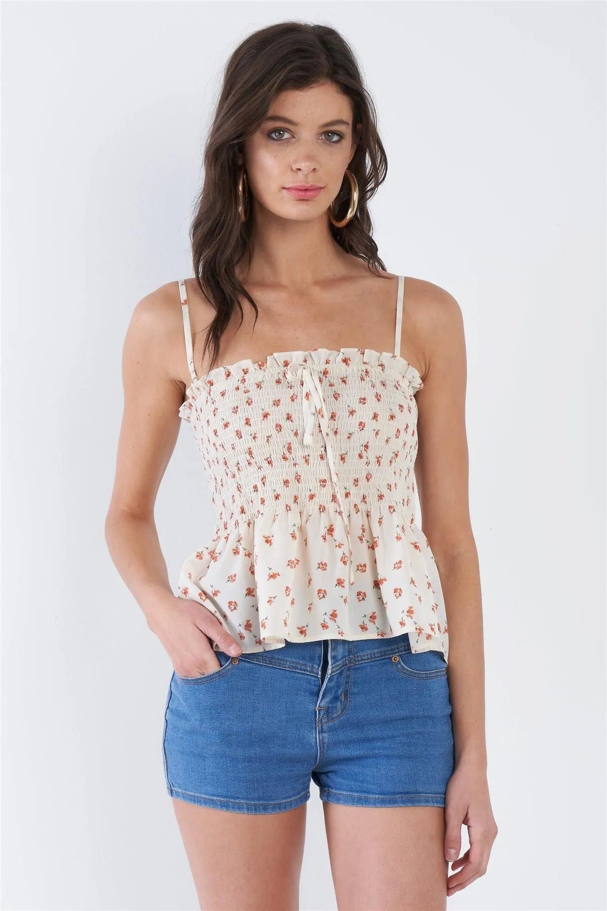 Cream Beige Square Neck Sheer Peplum Crop Top