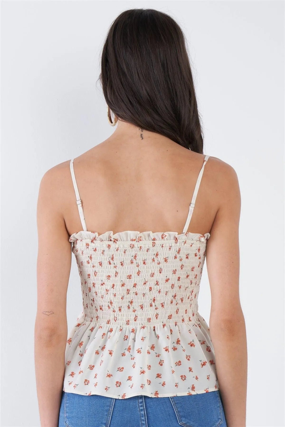 Cream Beige Square Neck Sheer Peplum Crop Top