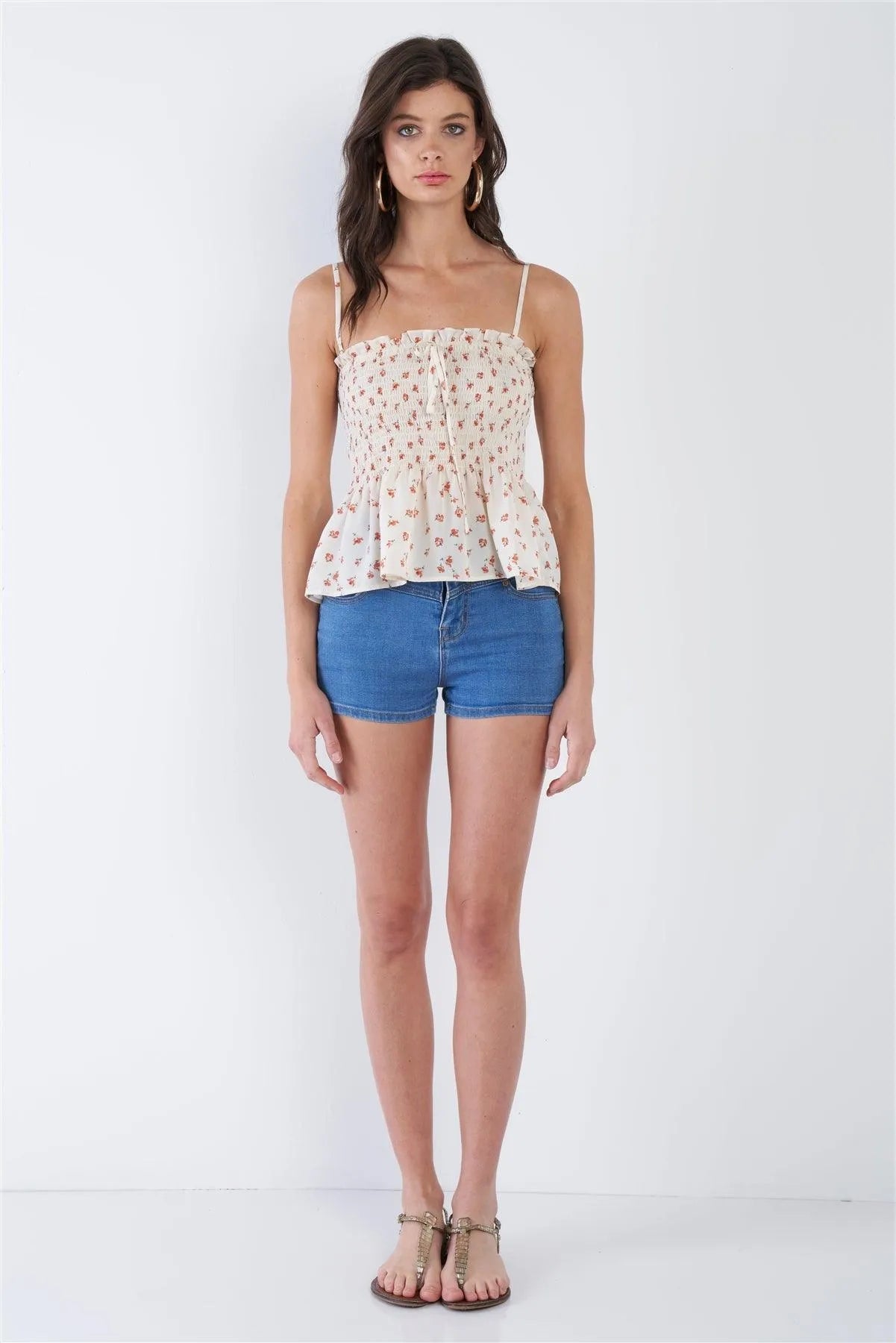 Cream Beige Square Neck Sheer Peplum Crop Top