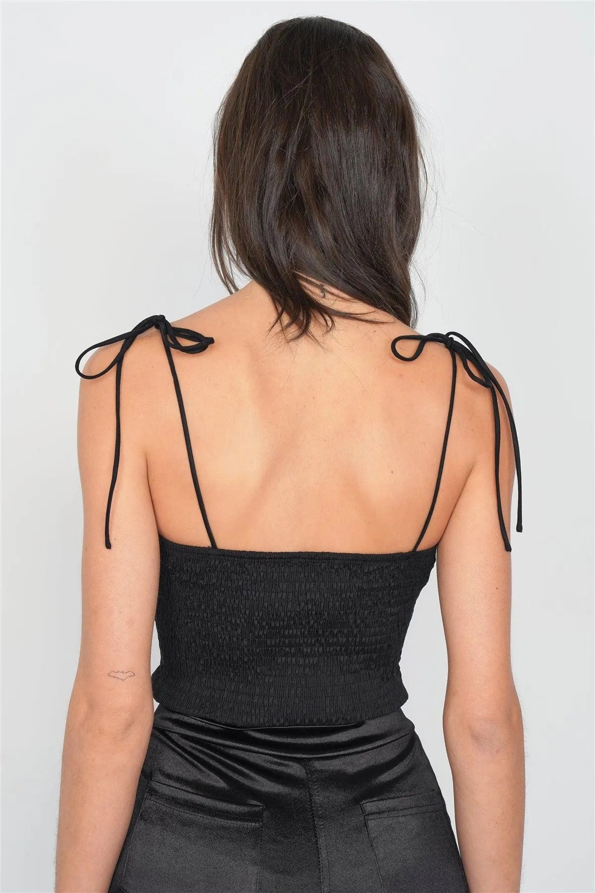 Black Ruched Bustier Crop Top with Elastic Fit & Adjustable Tie Straps