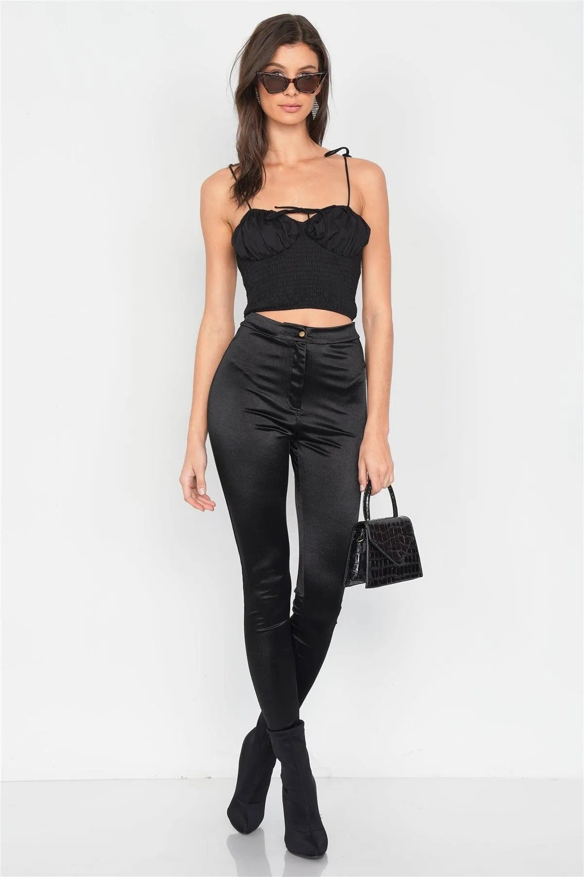 Black Ruched Bustier Crop Top with Elastic Fit & Adjustable Tie Straps