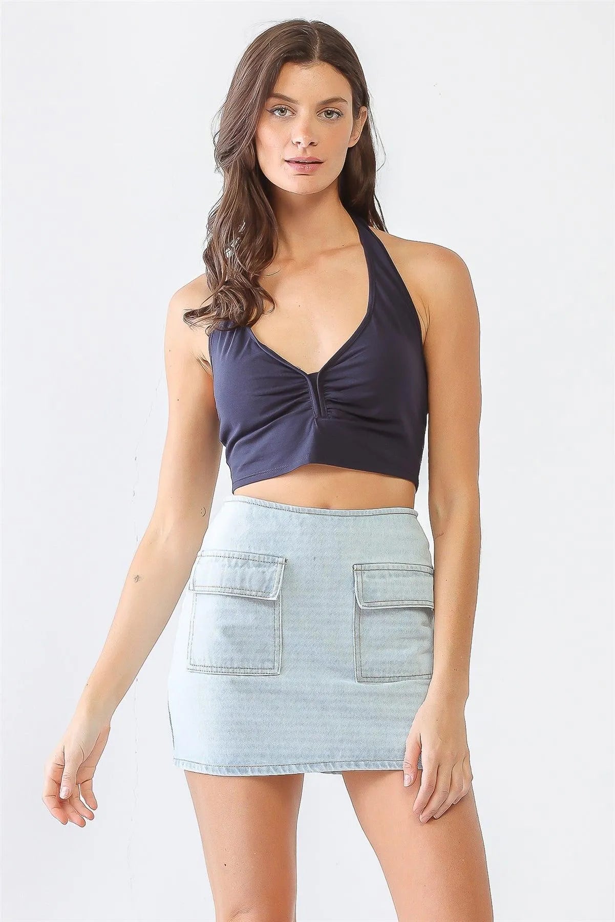 Navy V-Neck Ruched Cotton Sleeveless Crop Top