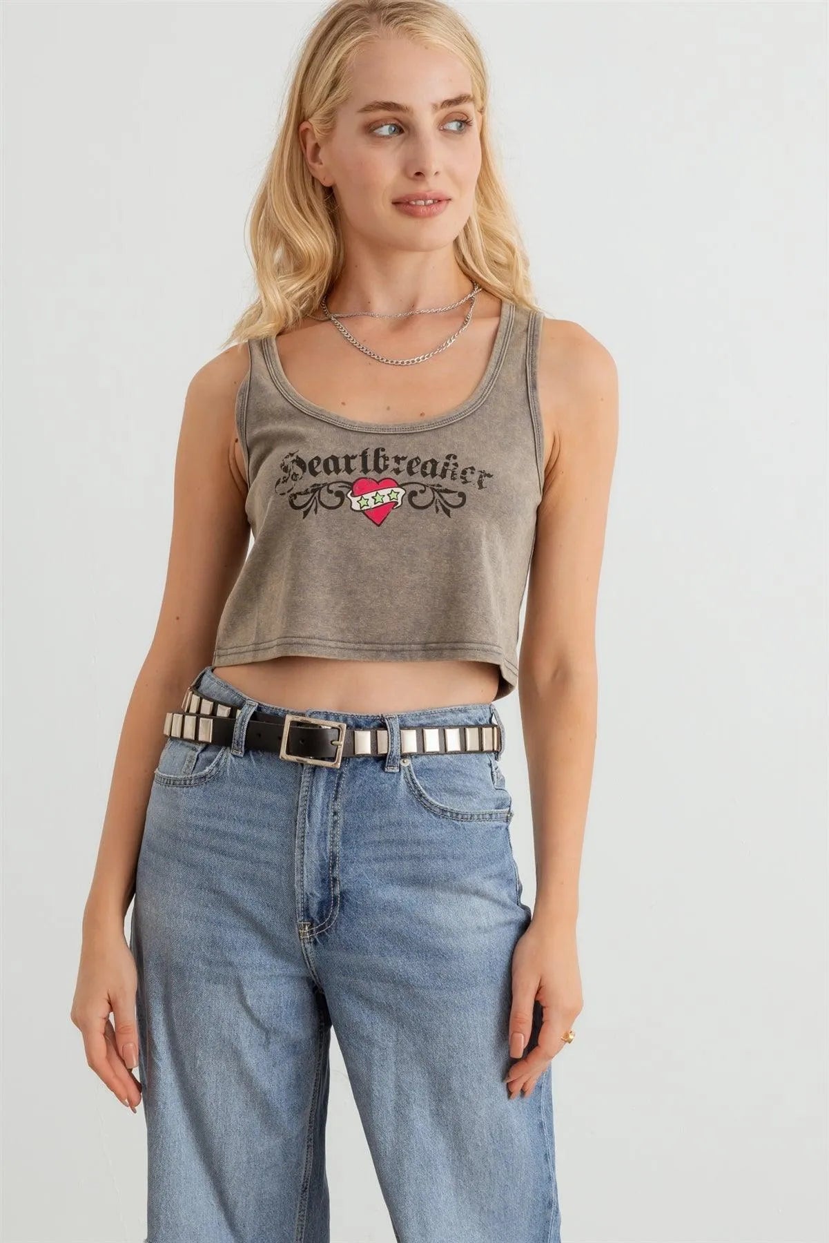 Charcoal Printed Sleeveless Cotton Crop Top