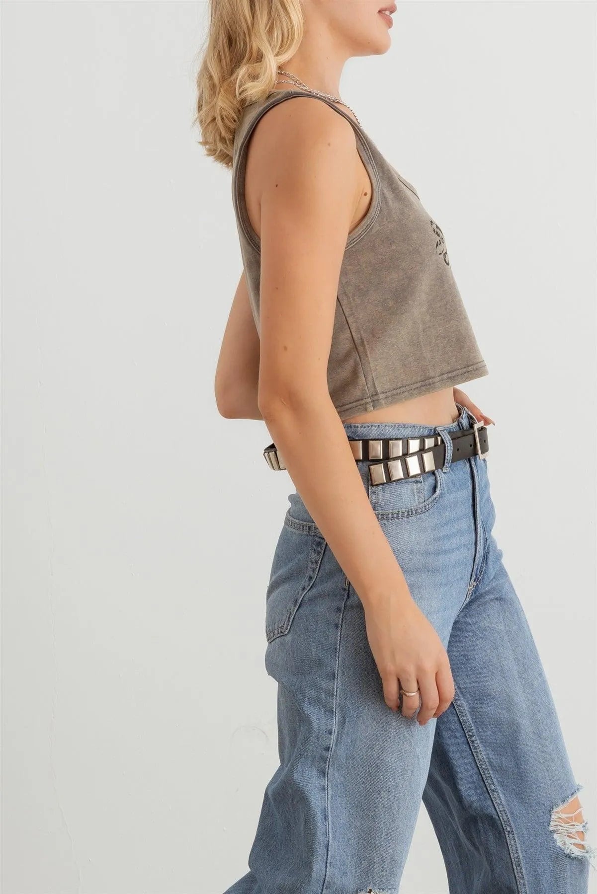 Charcoal Printed Sleeveless Cotton Crop Top