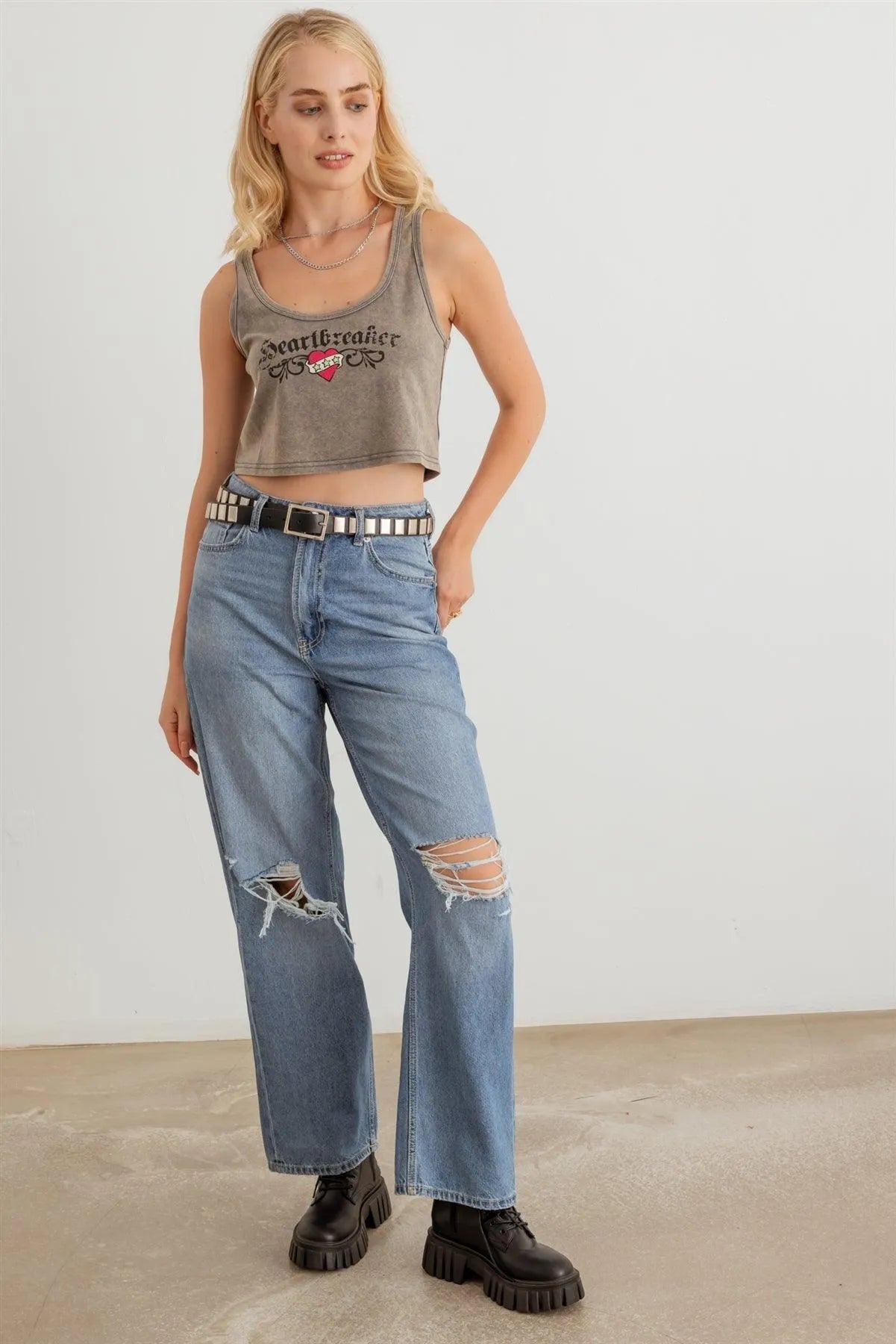 Charcoal Printed Sleeveless Cotton Crop Top