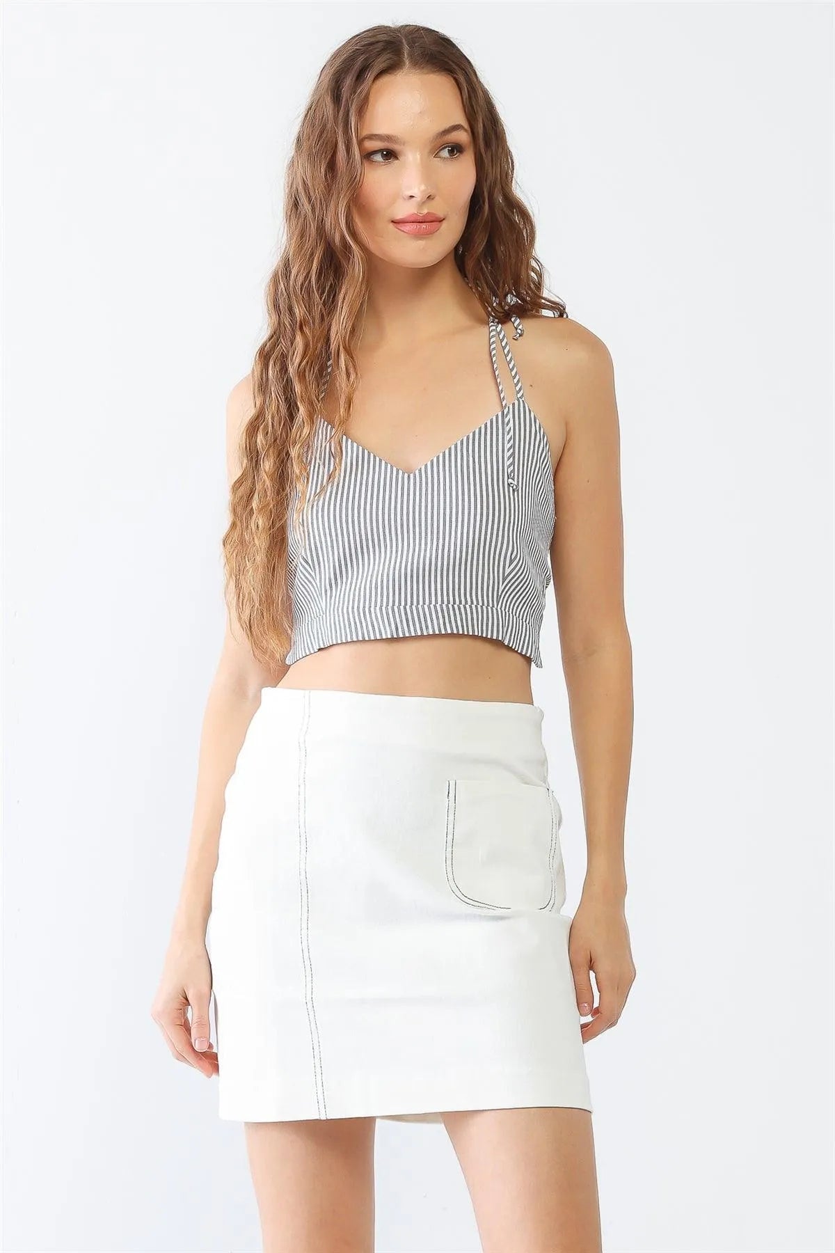 Striped Sleeveless V-Neck Self-Tie Crop Top