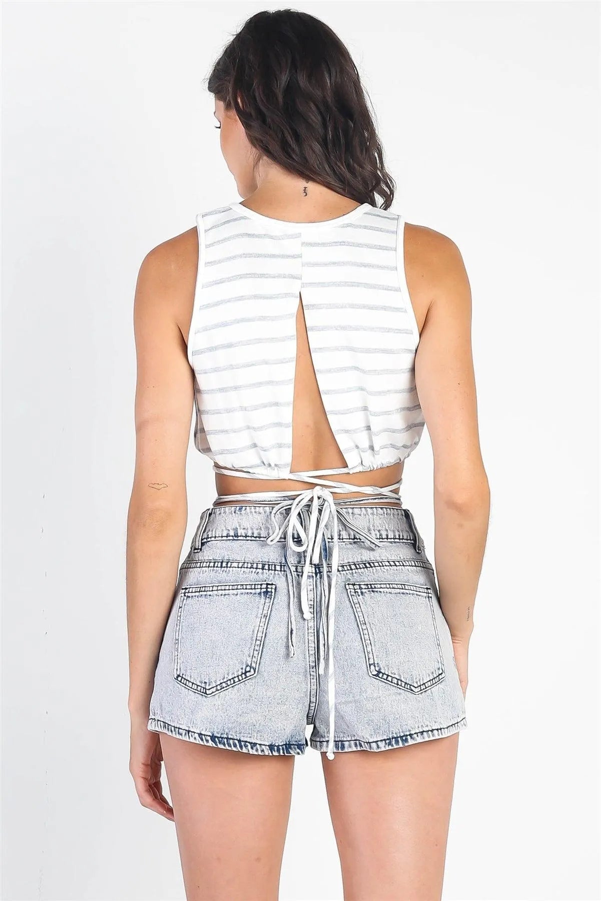 White & Light Blue Striped Self-Tie Sleeveless Crop Top