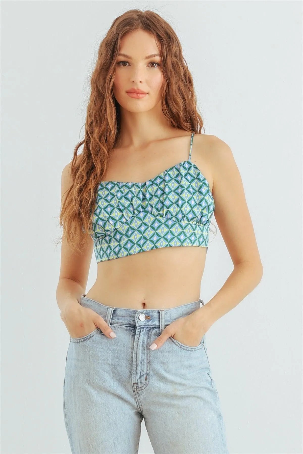 Blue & Lime Abstract Satin Crop Cami with Adjustable Tie Back