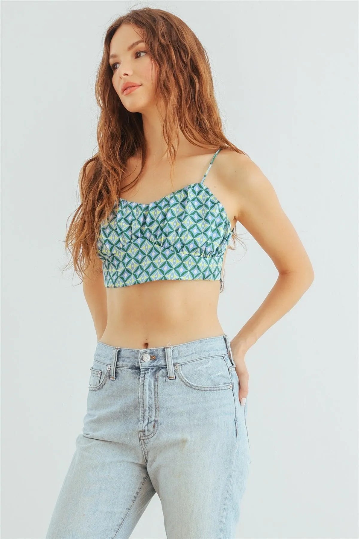 Blue & Lime Abstract Satin Crop Cami with Adjustable Tie Back