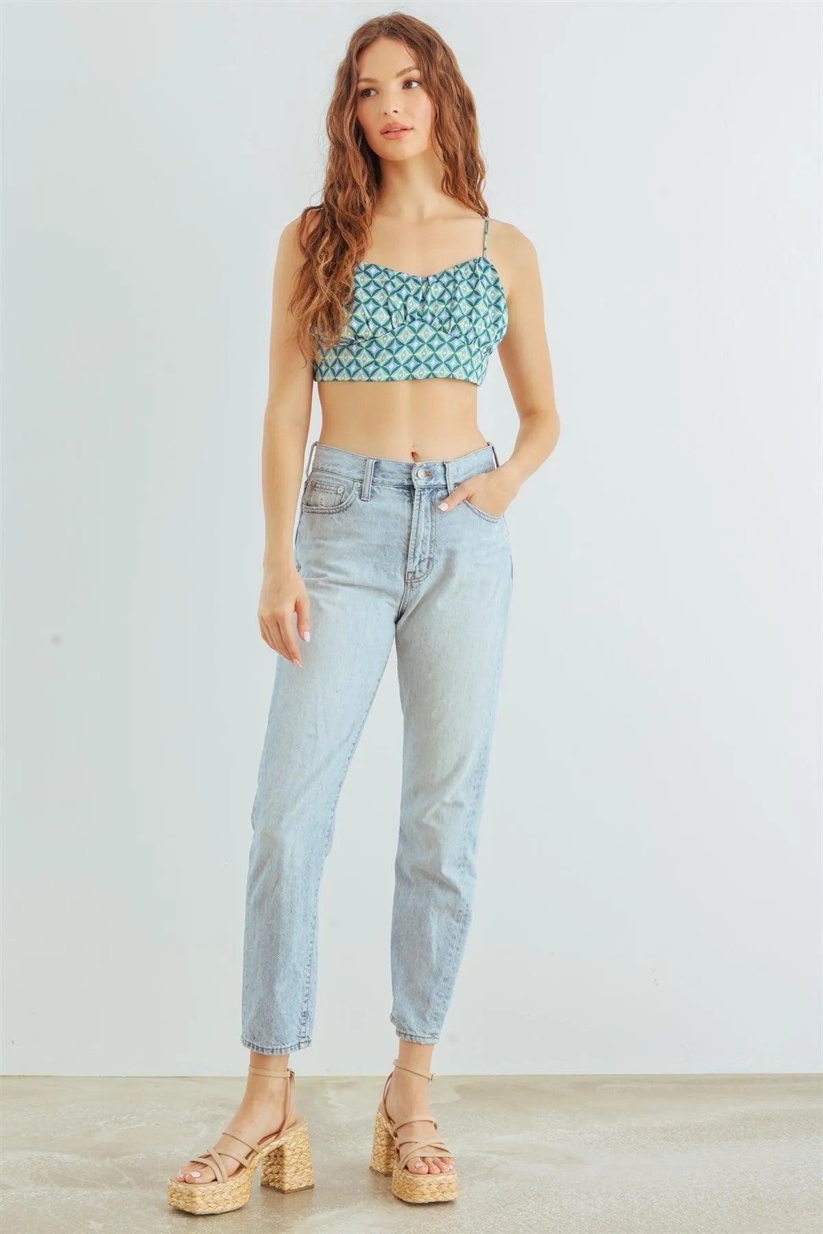 Blue & Lime Abstract Satin Crop Cami with Adjustable Tie Back