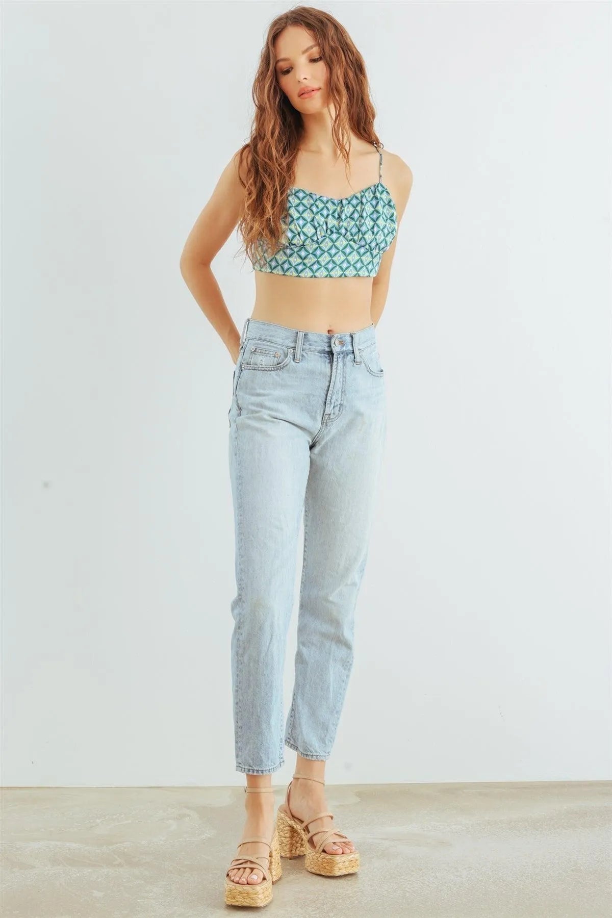 Blue & Lime Abstract Satin Crop Cami with Adjustable Tie Back