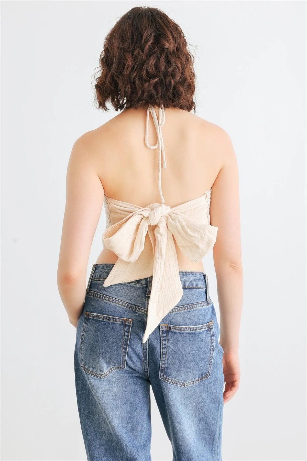 Taupe Crochet Knit Halter Neck Tie Back Crop Top