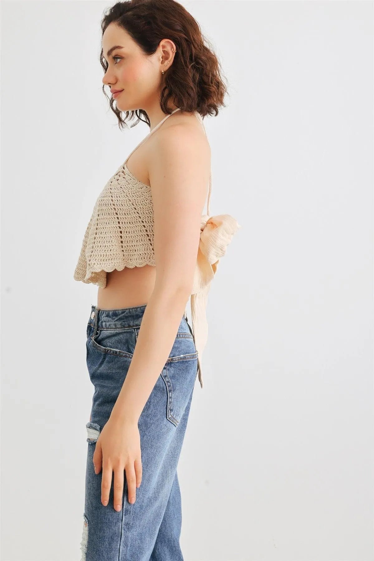 Taupe Crochet Knit Halter Neck Tie Back Crop Top