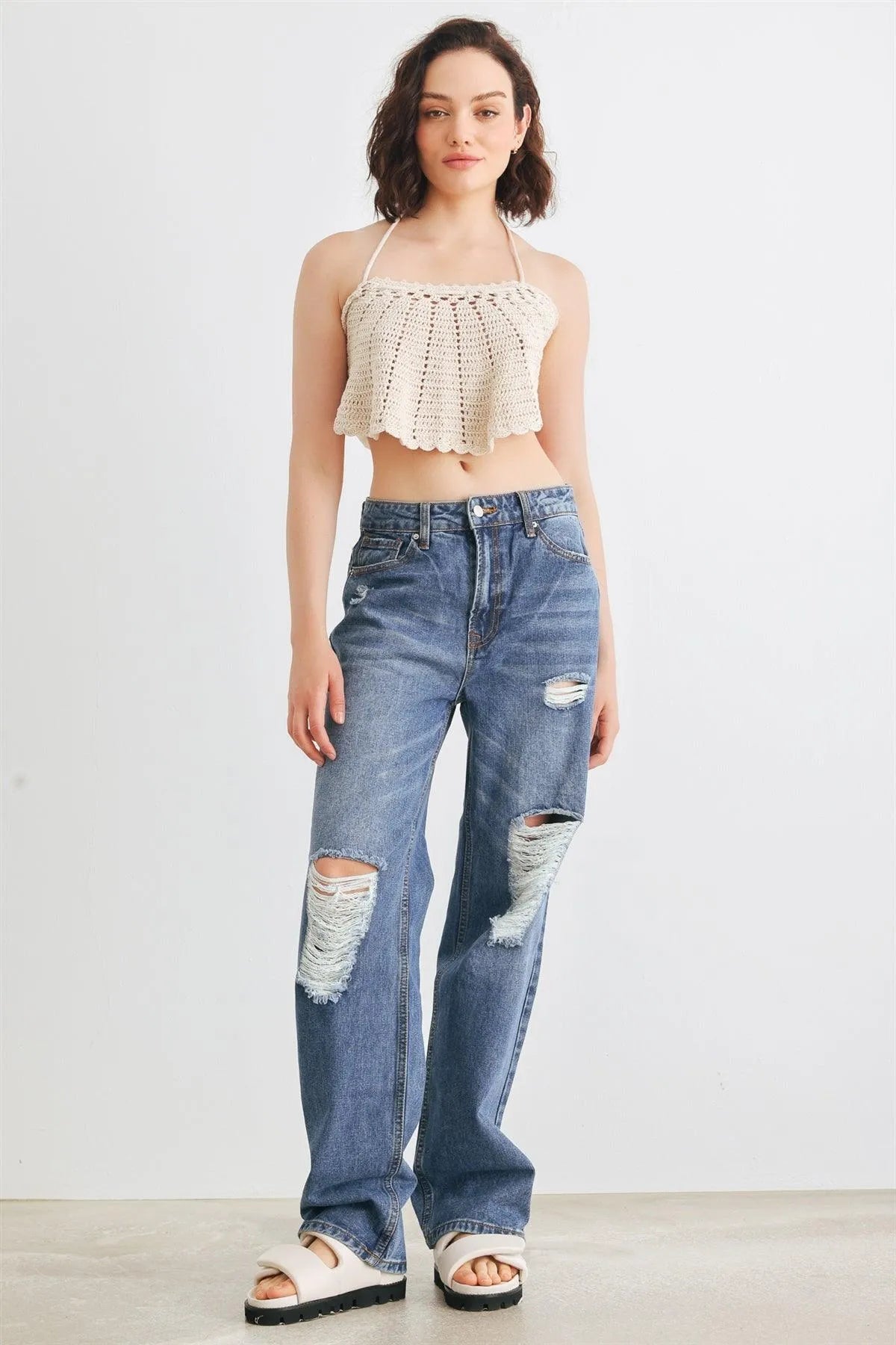 Taupe Crochet Knit Halter Neck Tie Back Crop Top