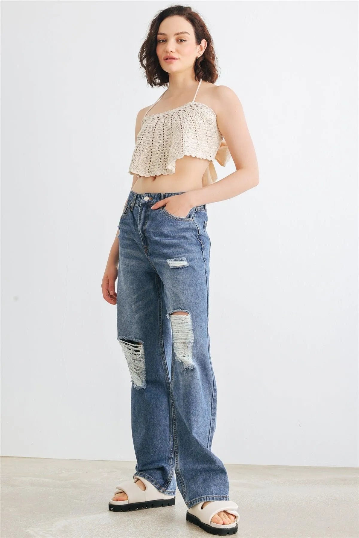 Taupe Crochet Knit Halter Neck Tie Back Crop Top