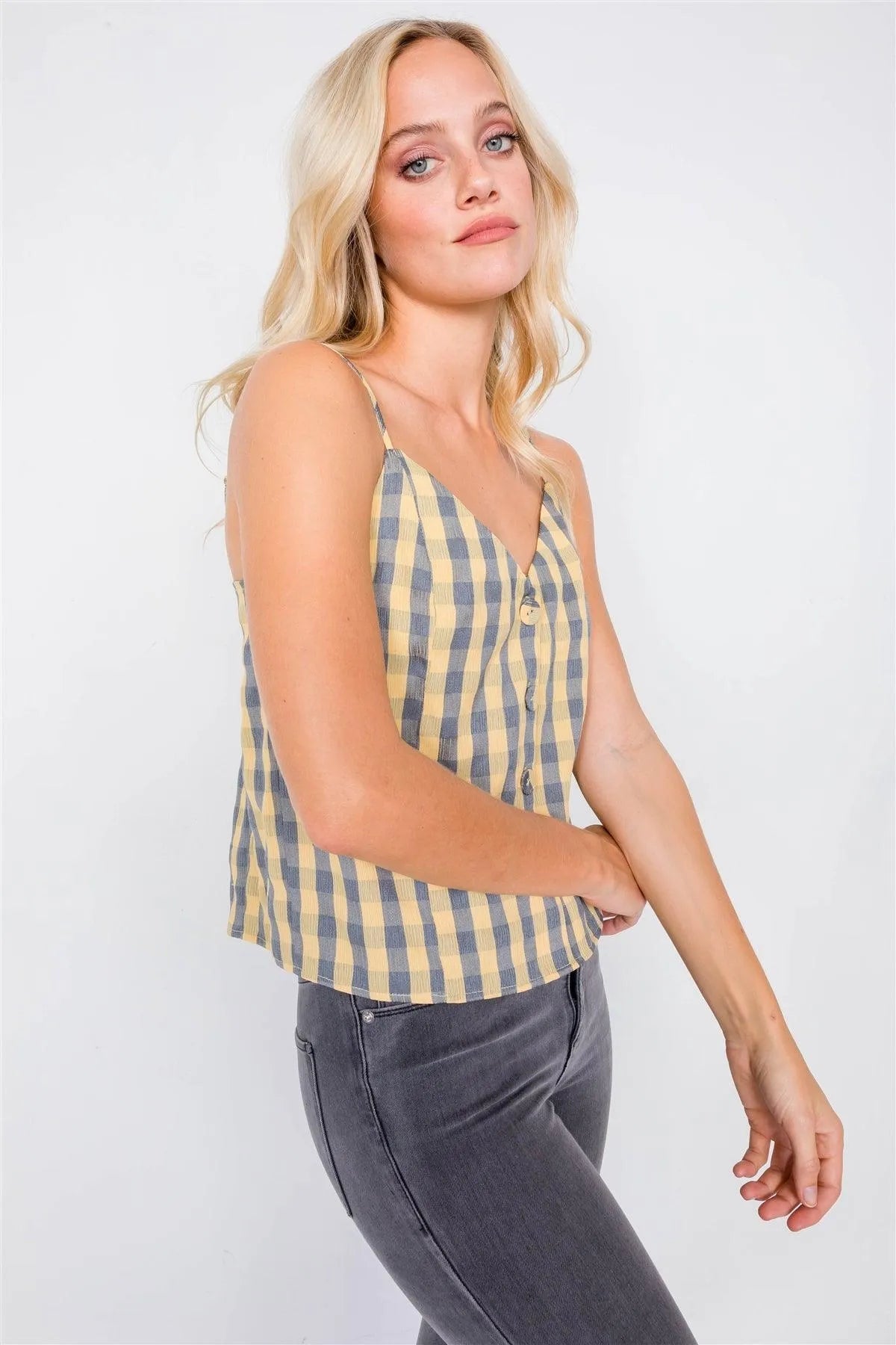 Yellow & Grey Plaid V-Neck Crop Cami with Button-Down Front