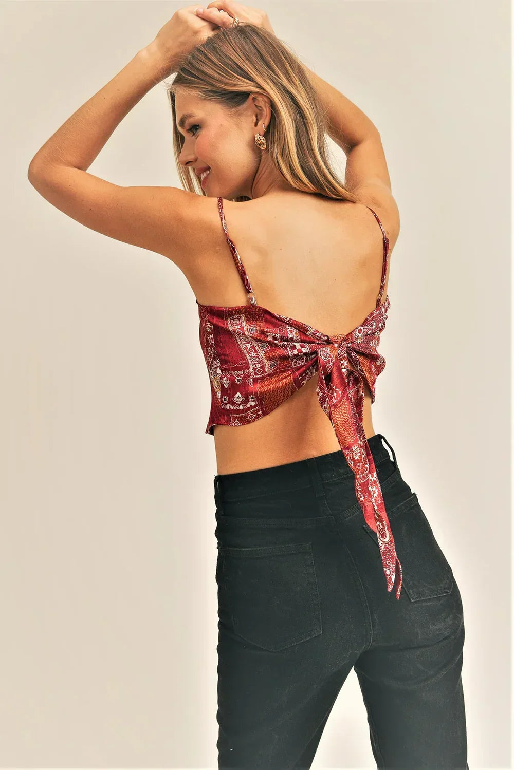 Red Bandana Print Silky Spaghetti Strap Tie-Back Crop Top