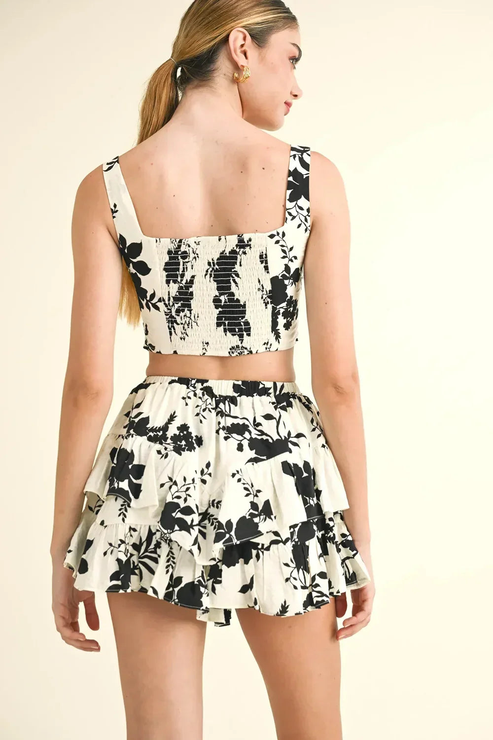Black Floral Print Smocked Square Neck Crop Top