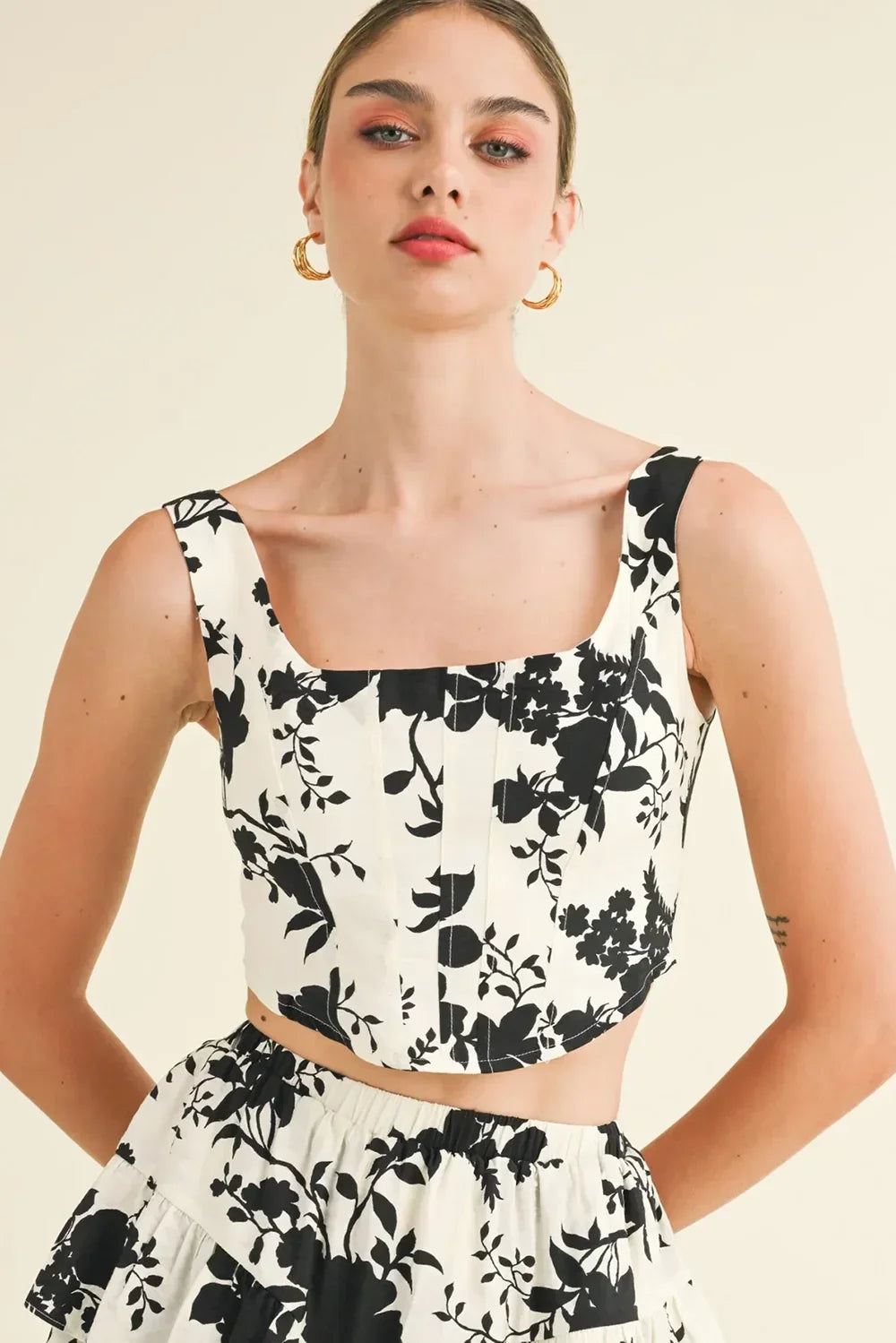 Black Floral Print Smocked Square Neck Crop Top
