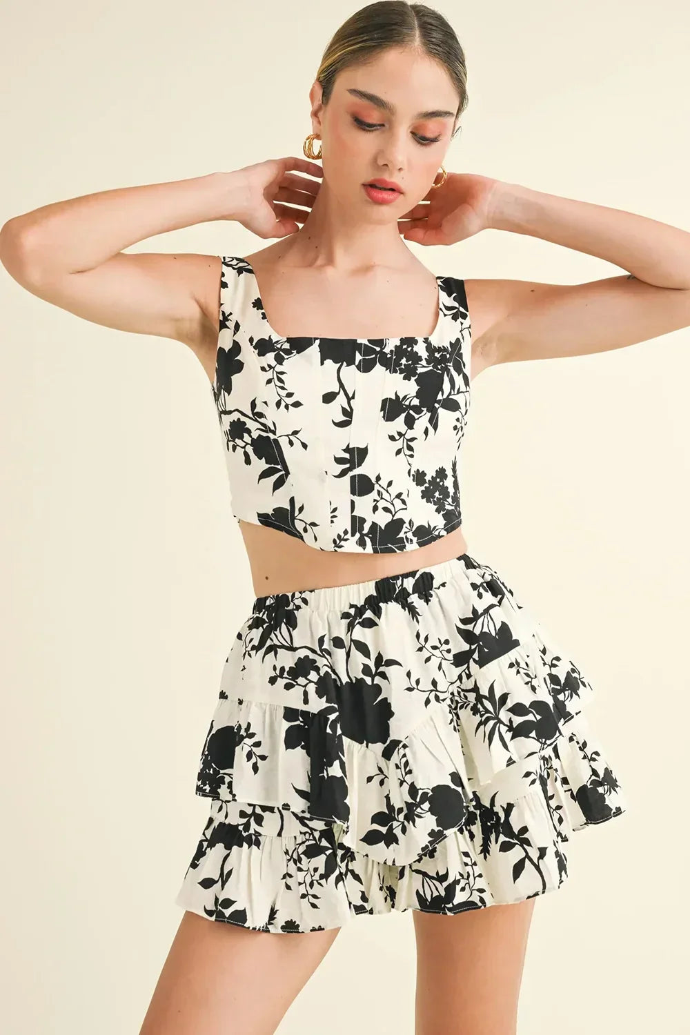 Black Floral Print Smocked Square Neck Crop Top