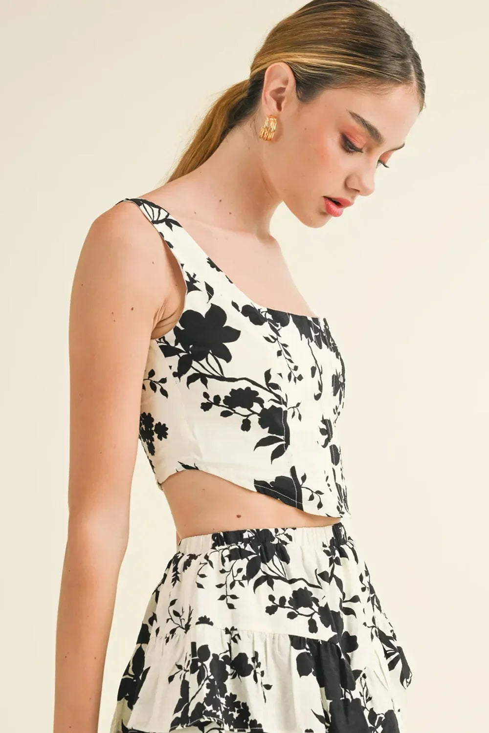 Black Floral Print Smocked Square Neck Crop Top