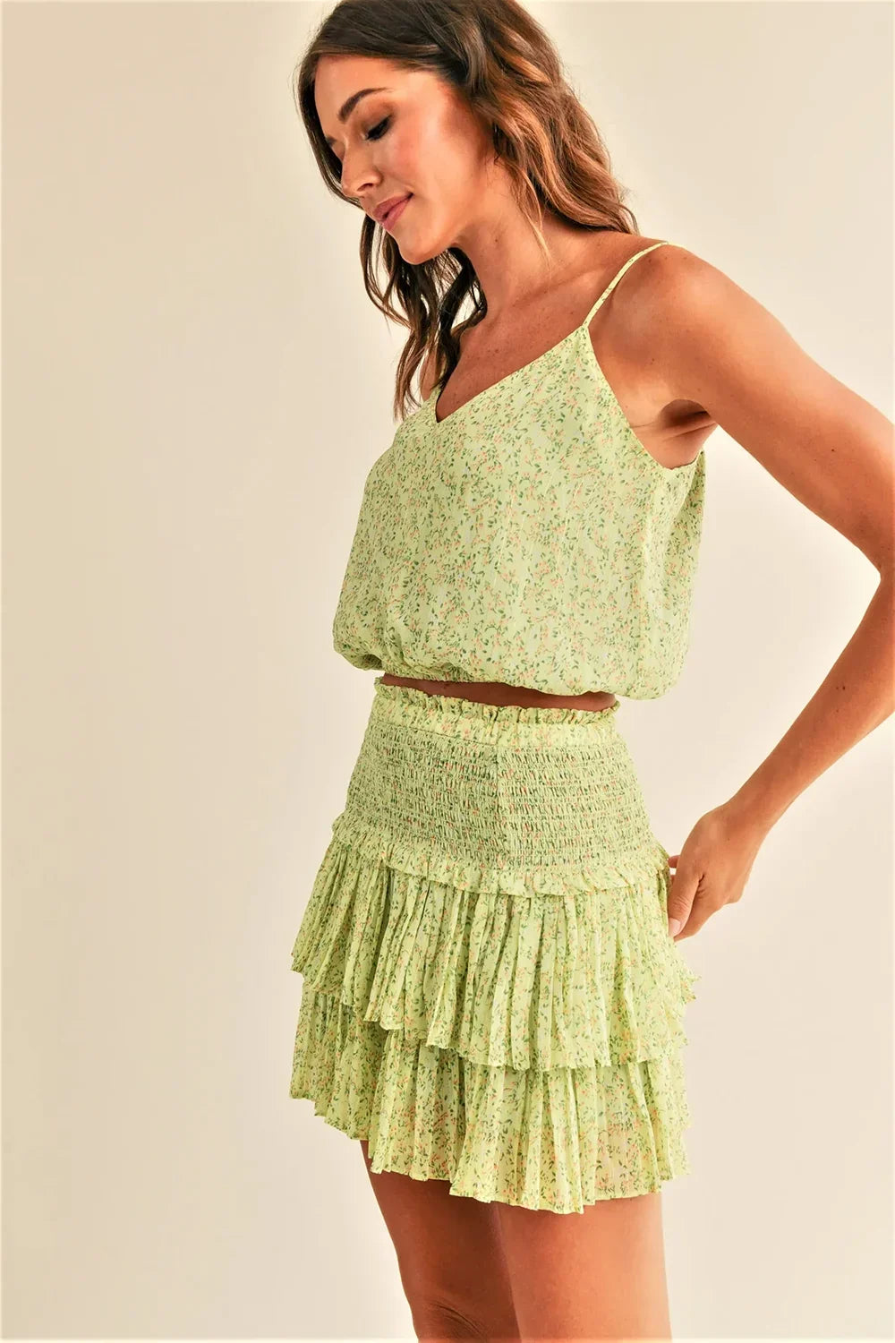 Green Floral Print Spaghetti Strap Crop Top & Tiered Mini Skirt Set