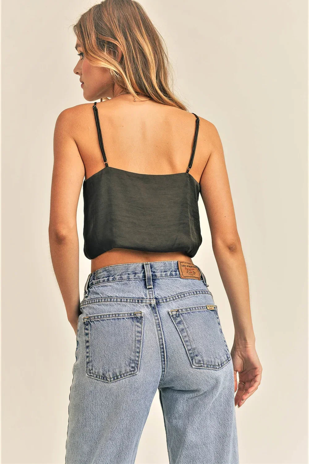 Ruched Front Tie Deep V Spaghetti Strap Crop Top - Sage