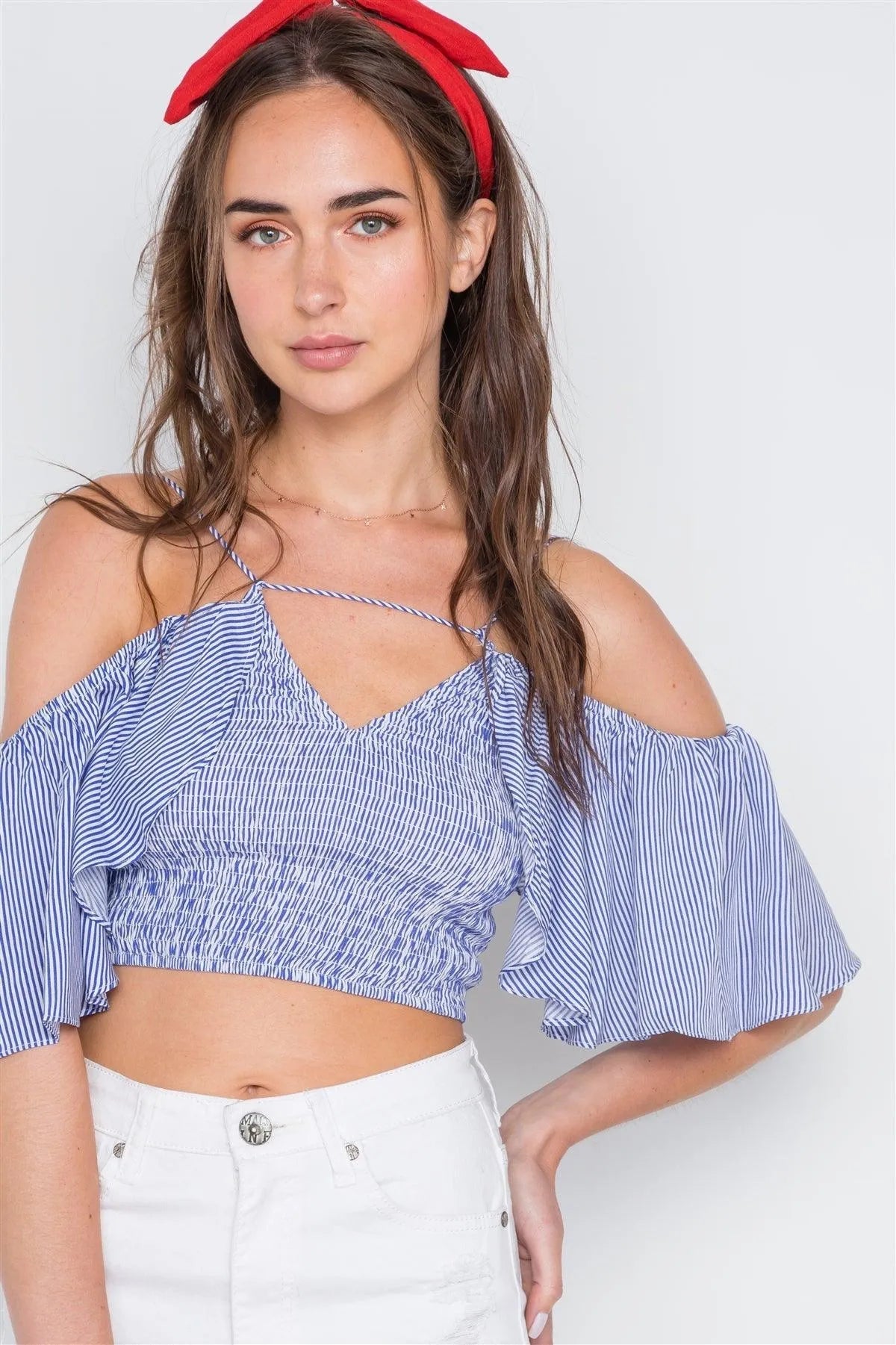 Blue Smocked Off-Shoulder Crop Top
