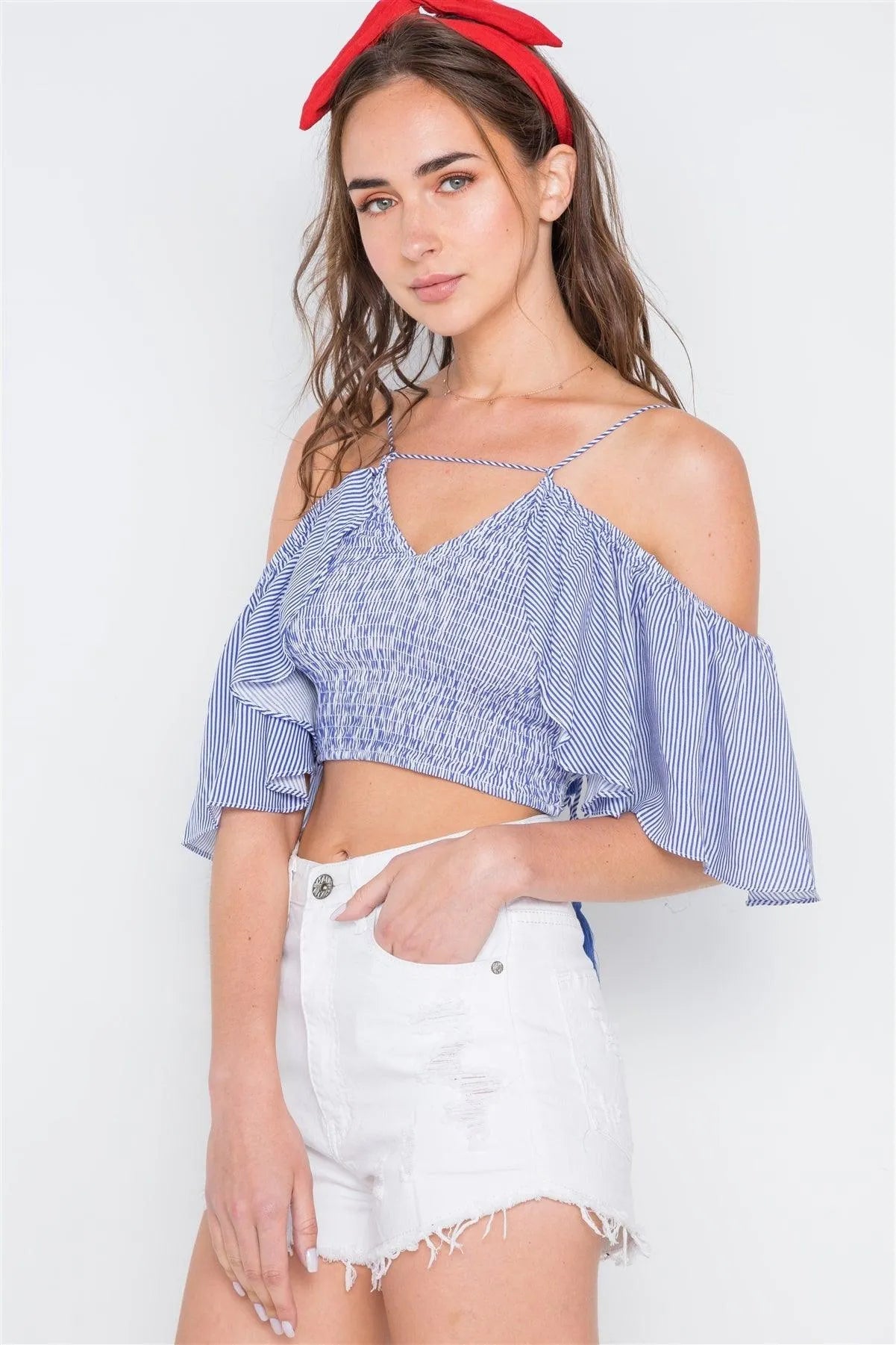 Blue Smocked Off-Shoulder Crop Top