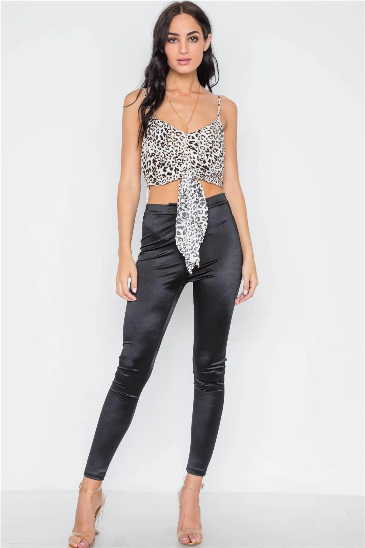 Leopard Print Crop Cami Top with Adjustable Front & Back Tie