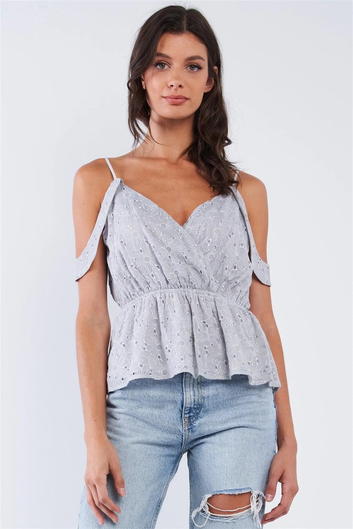 Dusty Blue Floral Crochet V-Neck Front Wrap Top with Adjustable Off-Shoulder Straps
