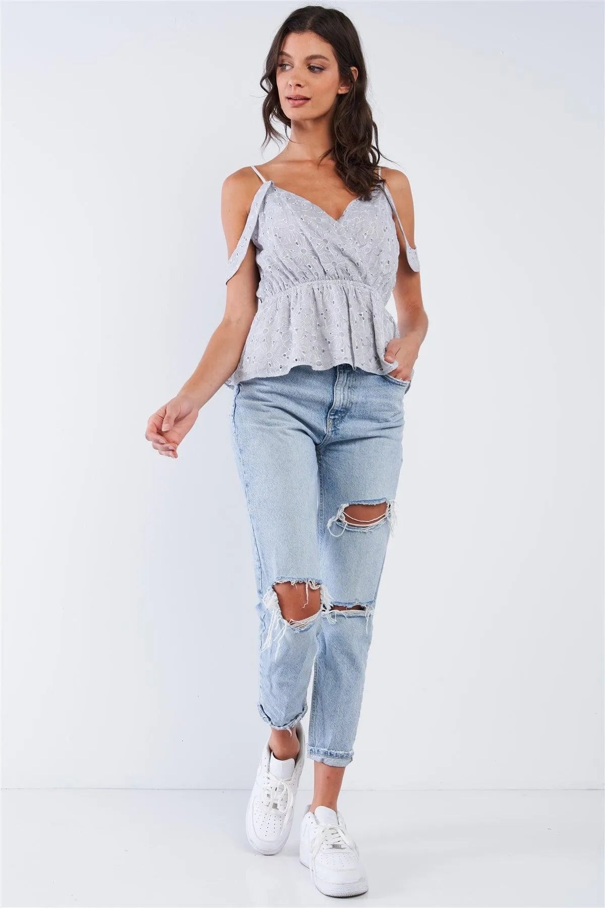 Dusty Blue Floral Crochet V-Neck Front Wrap Top with Adjustable Off-Shoulder Straps