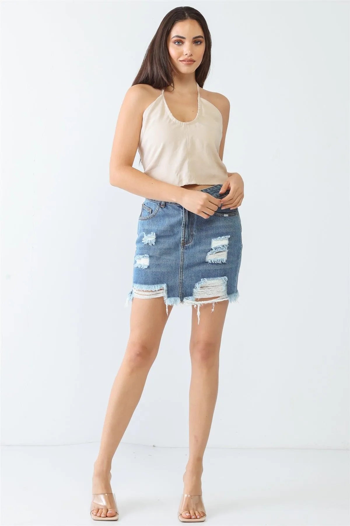 Taupe Sleeveless Halter Neck Strappy Crop Top