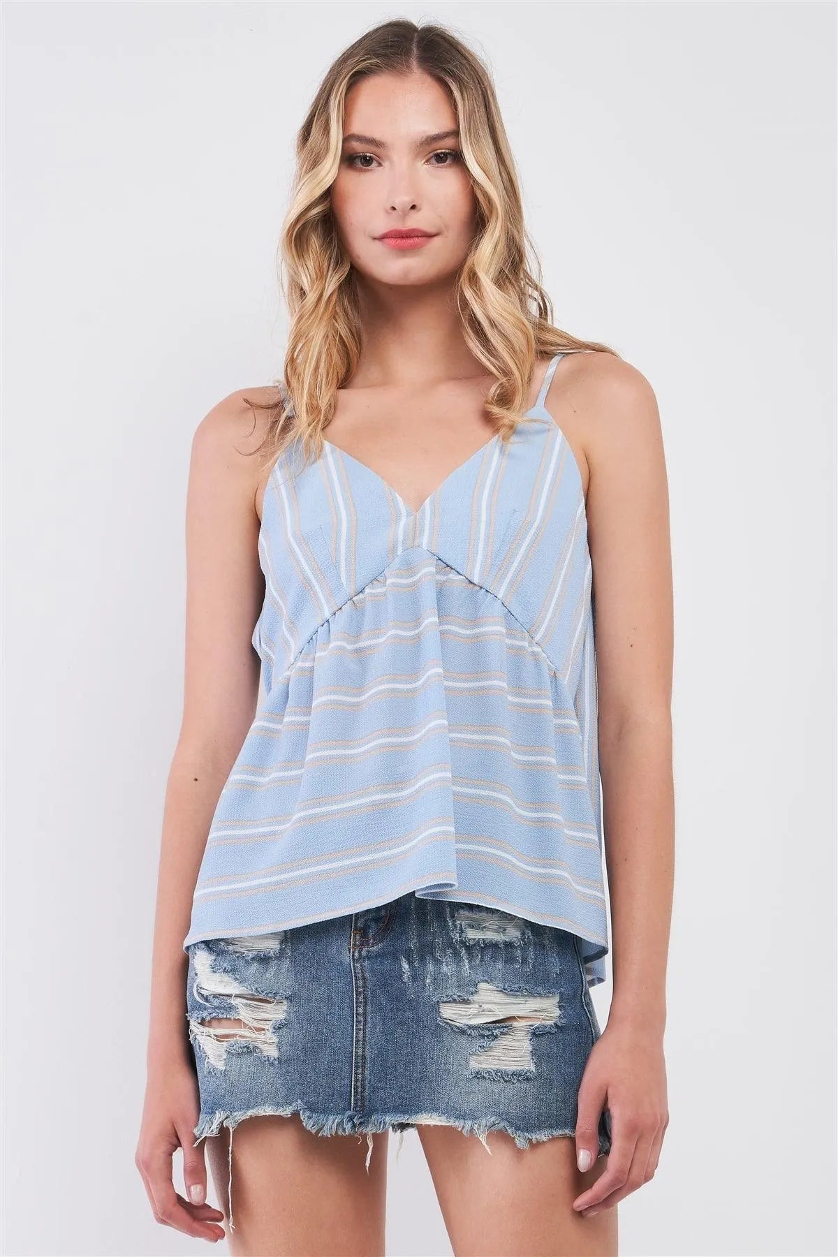 Sky Blue & White Striped V-Neck Sleeveless Crop Top with Back Tie Detail