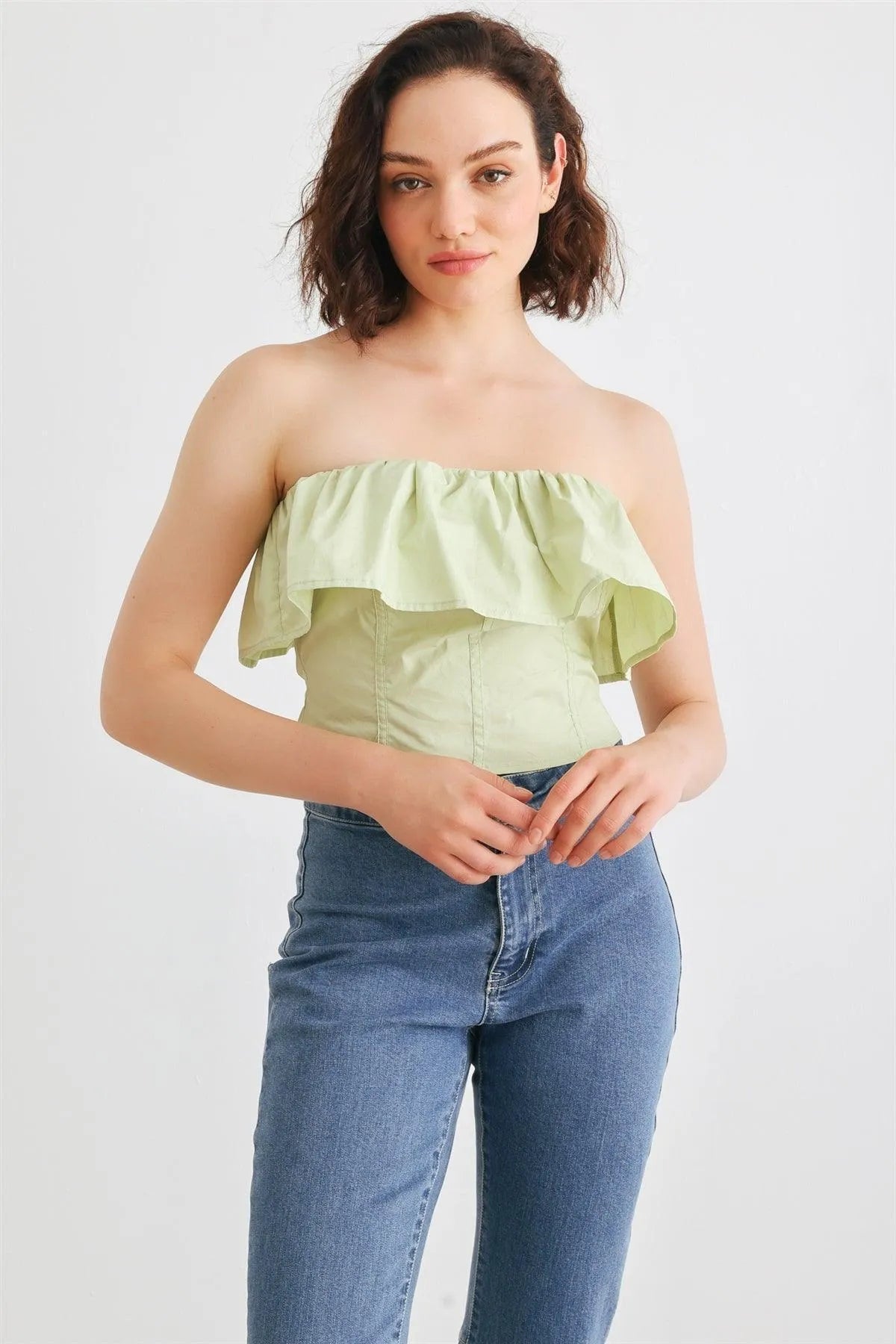 Light Green Cotton Strapless Flared Corset Tube Crop Top
