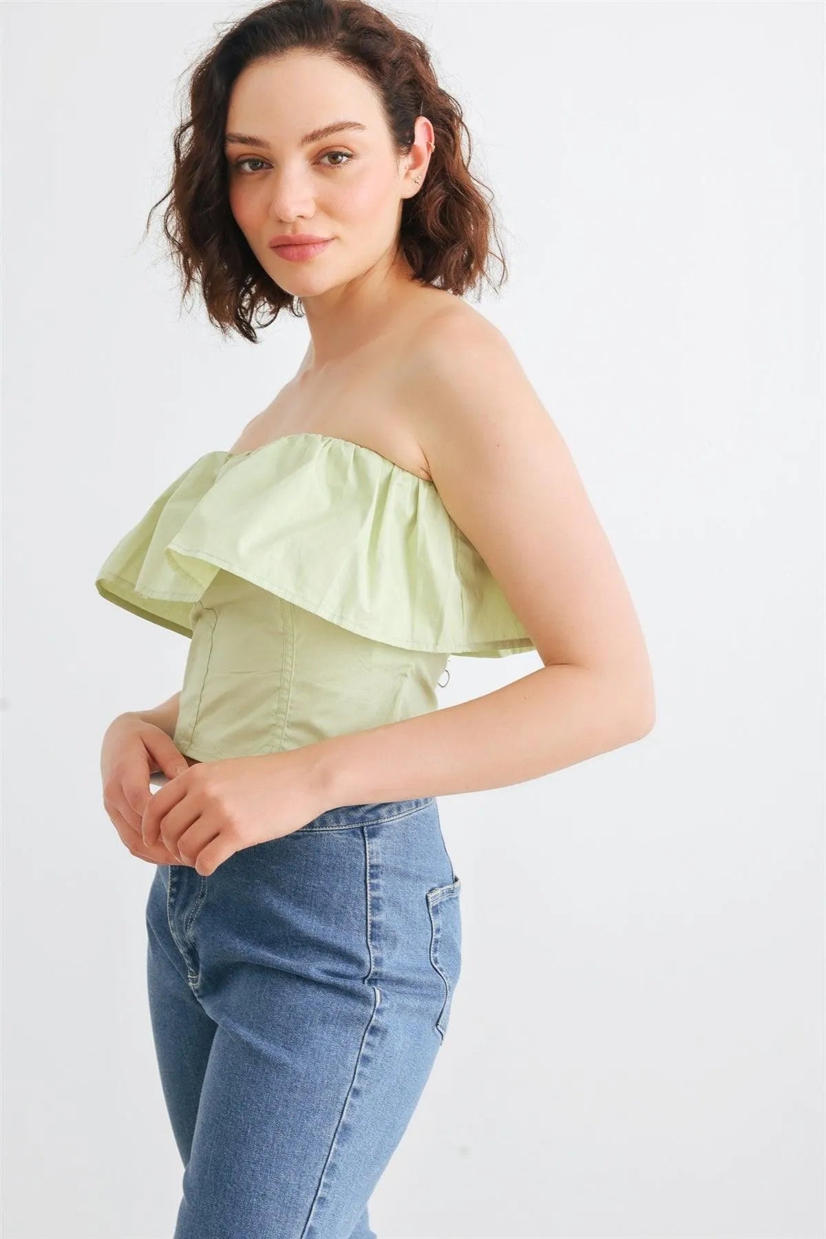 Light Green Cotton Strapless Flared Corset Tube Crop Top